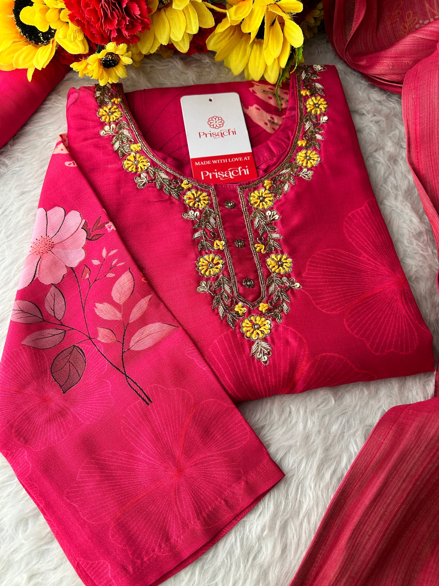 Pink Floral Printed Embroidered Kurta Set with Pants & Dupatta for Women | Festive Ethnic Suit