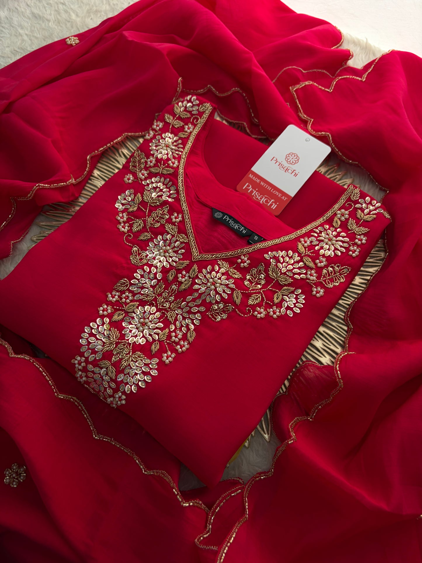 Deep Pink Embroidered Kurta Set for Women with Pants & Dupatta | Ethnic Festive Wear
