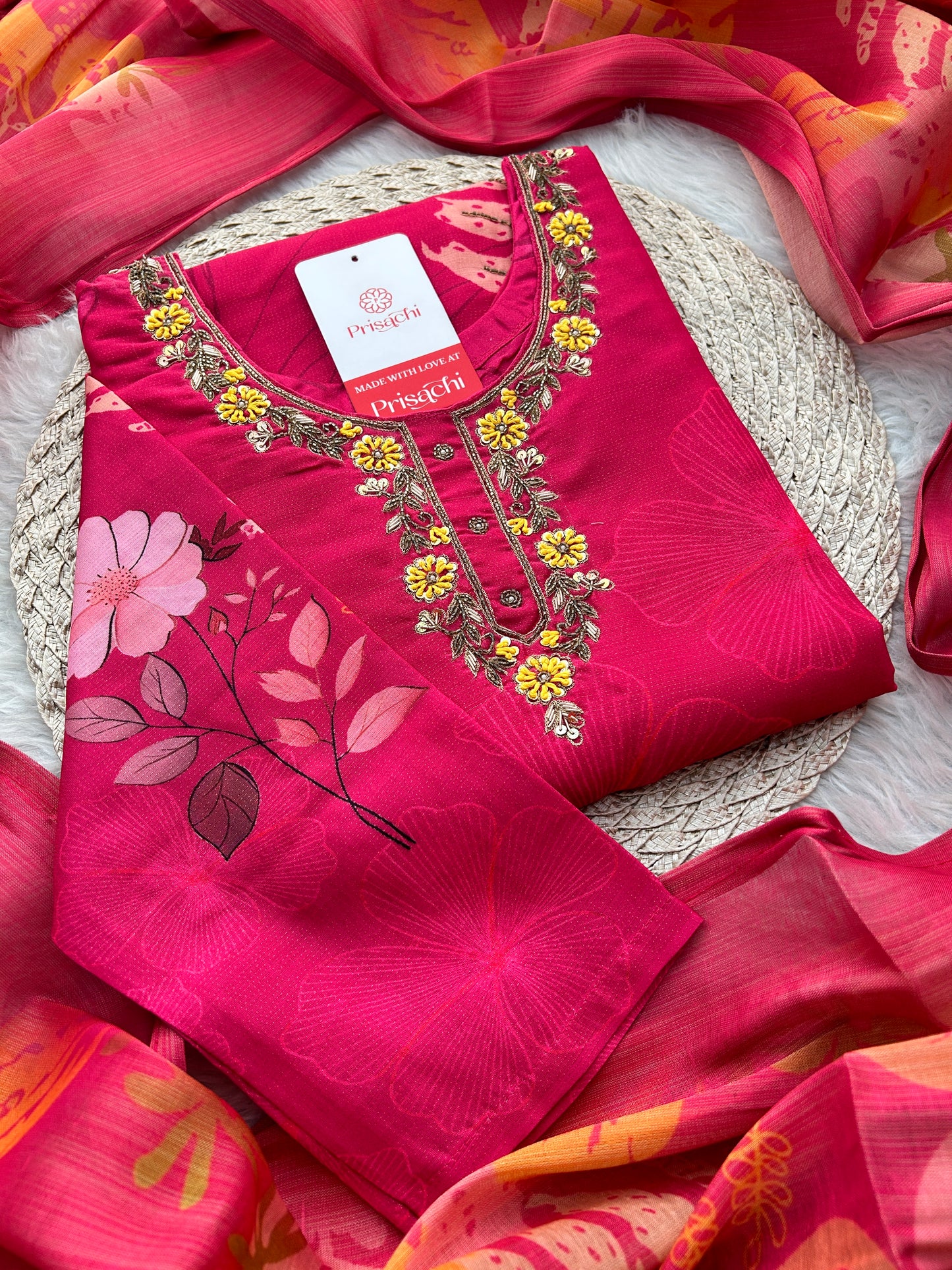 Pink Floral Printed Embroidered Kurta Set with Pants & Dupatta for Women | Festive Ethnic Suit