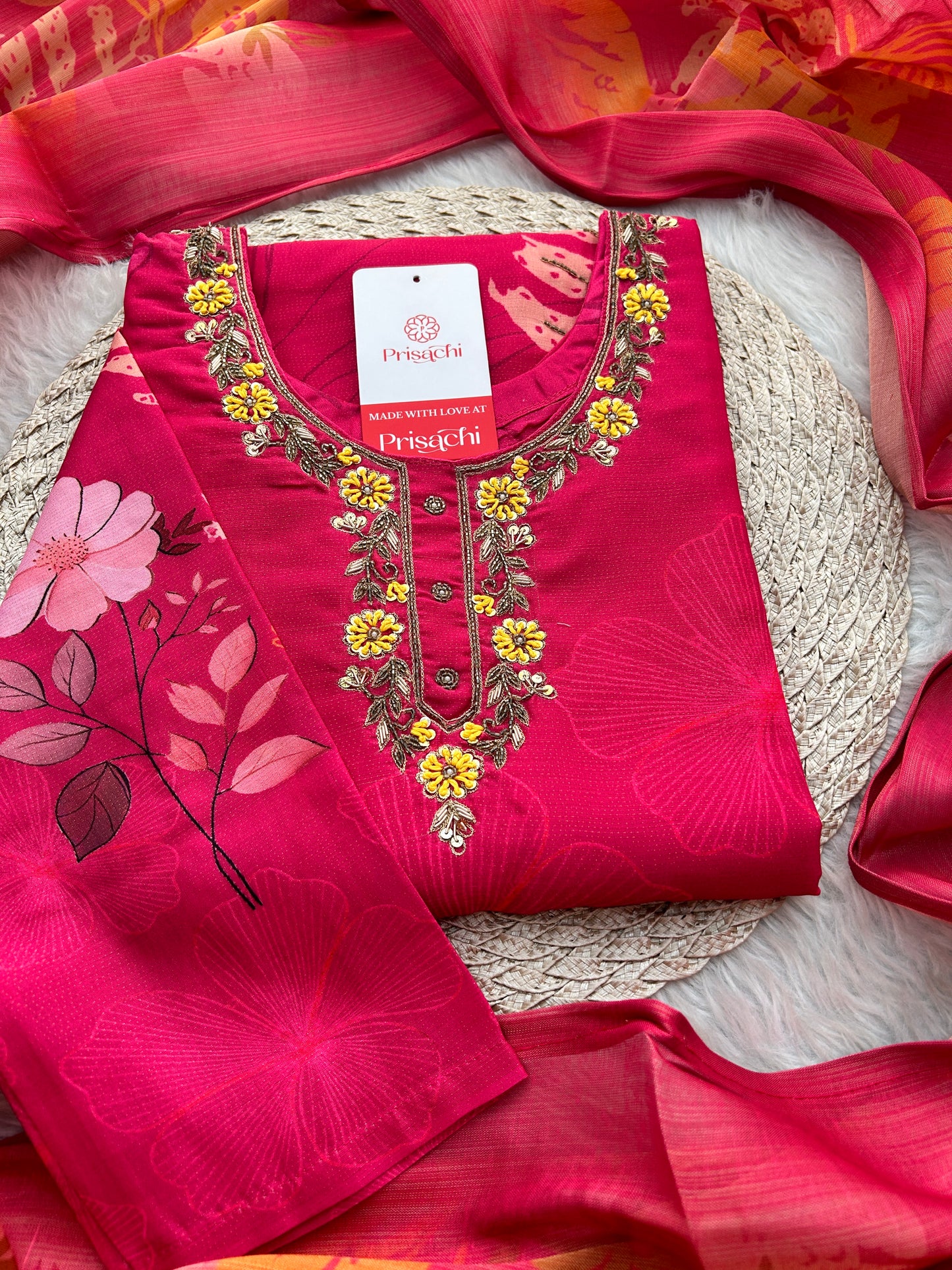 Pink Floral Printed Embroidered Kurta Set with Pants & Dupatta for Women | Festive Ethnic Suit