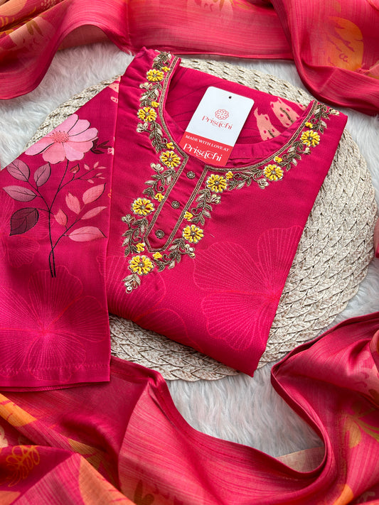Pink Floral Printed Embroidered Kurta Set with Pants & Dupatta for Women | Festive Ethnic Suit