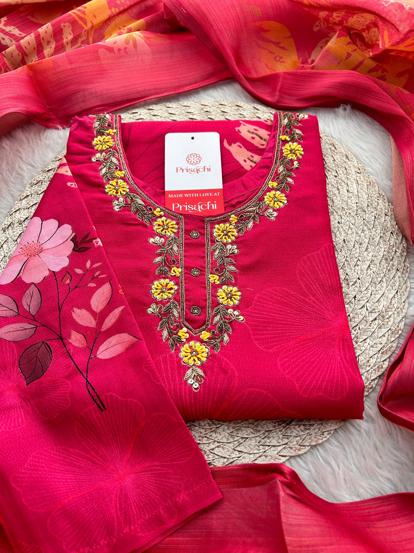 Pink Floral Printed Embroidered Kurta Set with Pants & Dupatta for Women | Festive Ethnic Suit