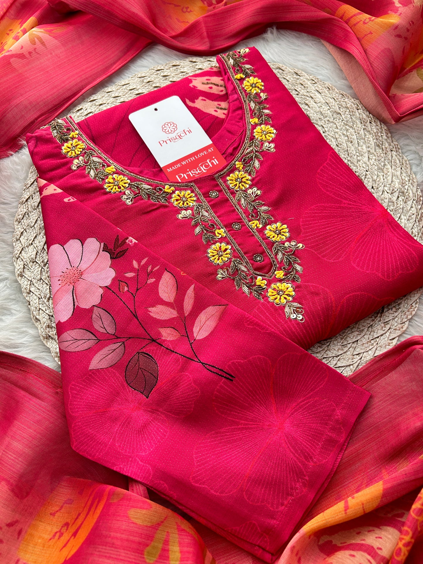 Pink Floral Printed Embroidered Kurta Set with Pants & Dupatta for Women | Festive Ethnic Suit