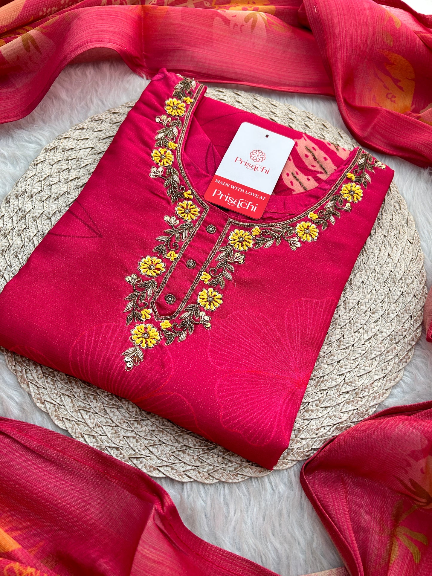 Pink Floral Printed Embroidered Kurta Set with Pants & Dupatta for Women | Festive Ethnic Suit