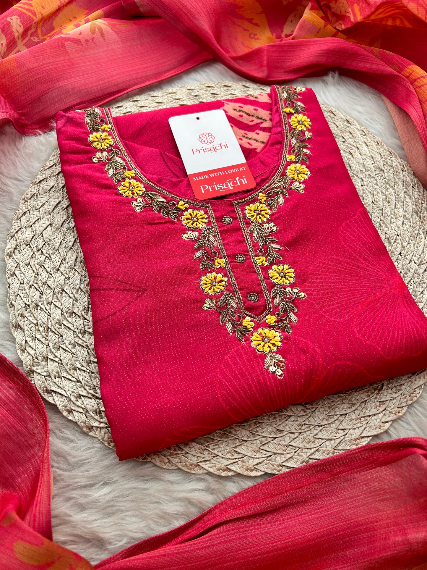Pink Floral Printed Embroidered Kurta Set with Pants & Dupatta for Women | Festive Ethnic Suit