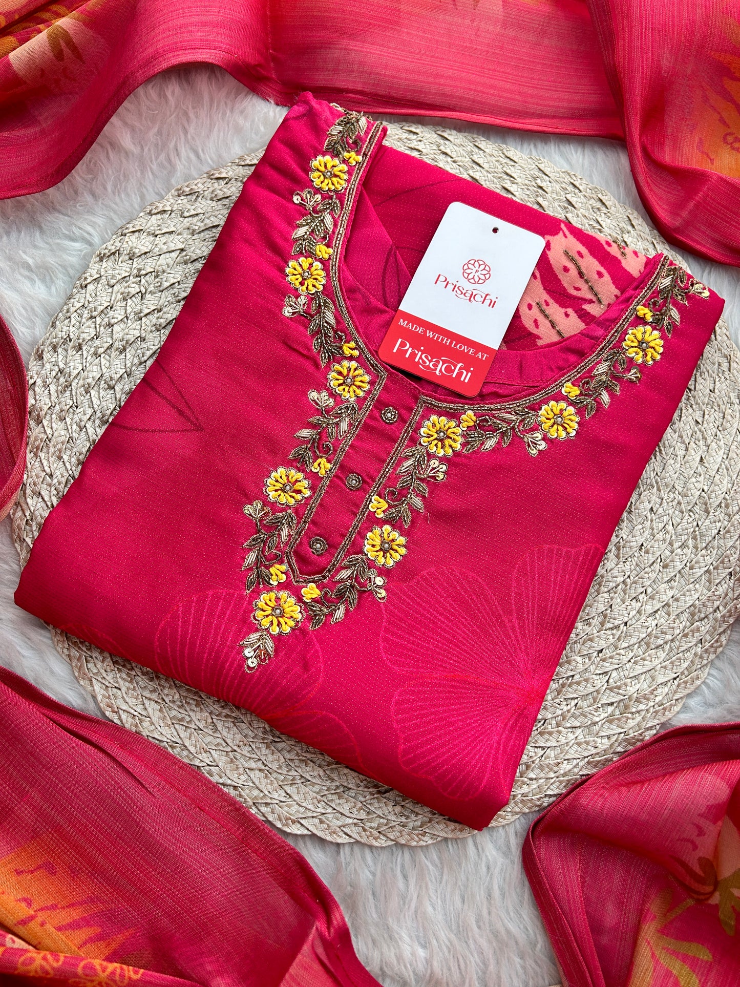 Pink Floral Printed Embroidered Kurta Set with Pants & Dupatta for Women | Festive Ethnic Suit