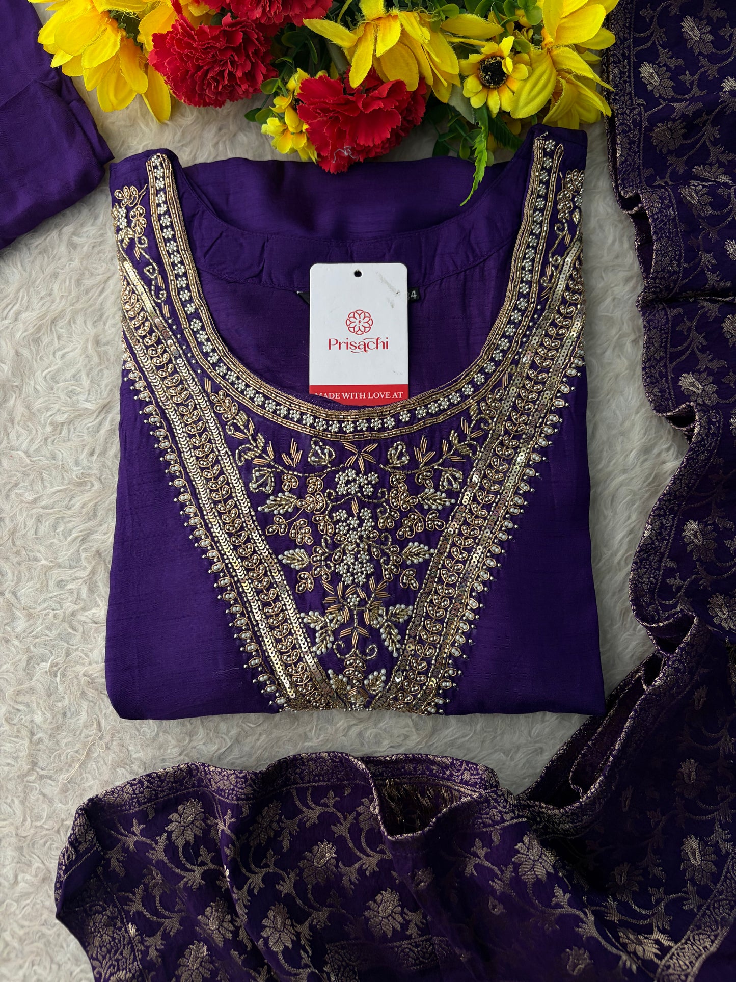 Purple Embroidered Kurta Set With Palazzo Pants & Dupatta For Women| Traditional, Festive & Party Wear