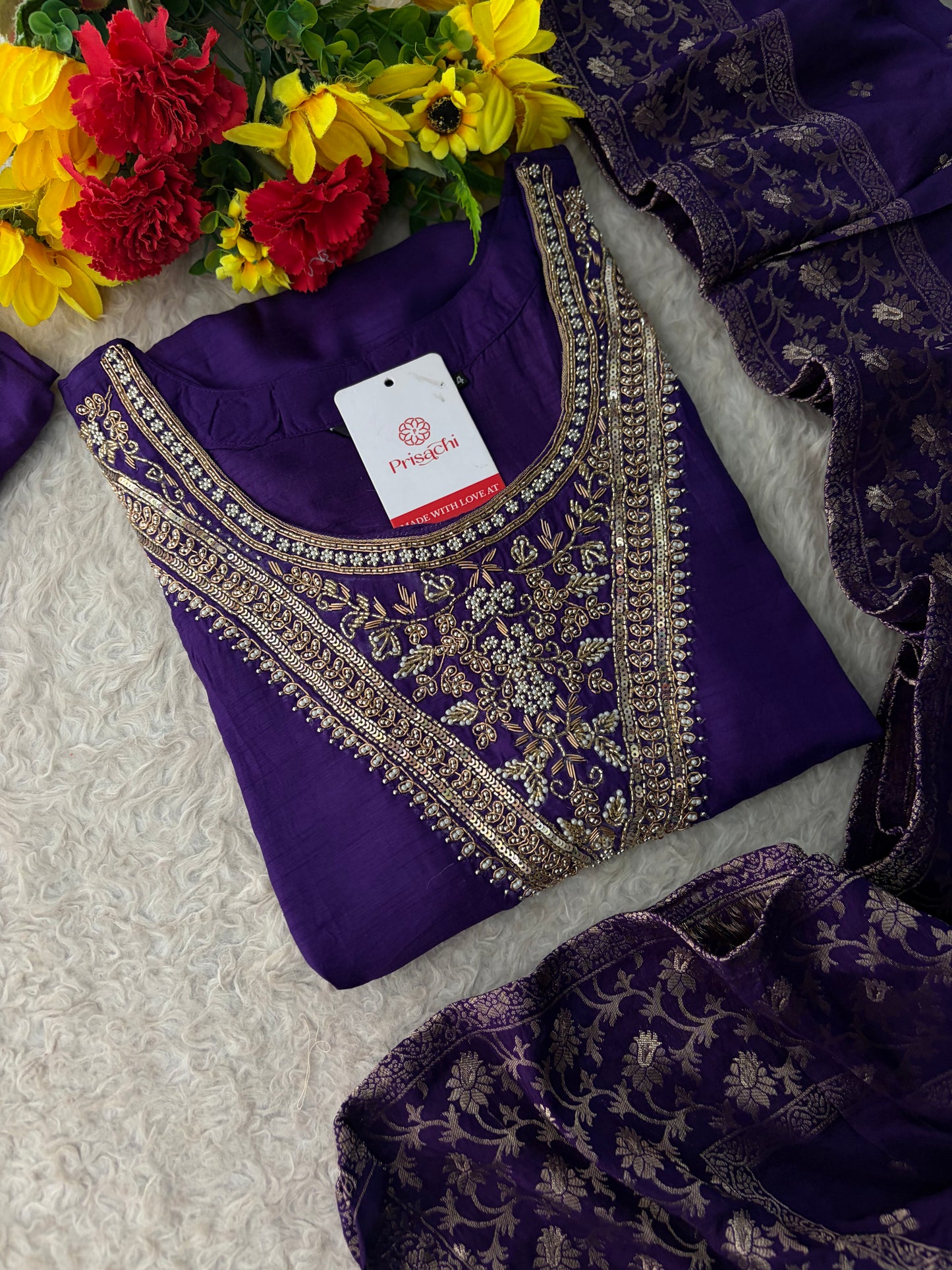 Purple Embroidered Kurta Set With Palazzo Pants & Dupatta For Women| Traditional, Festive & Party Wear