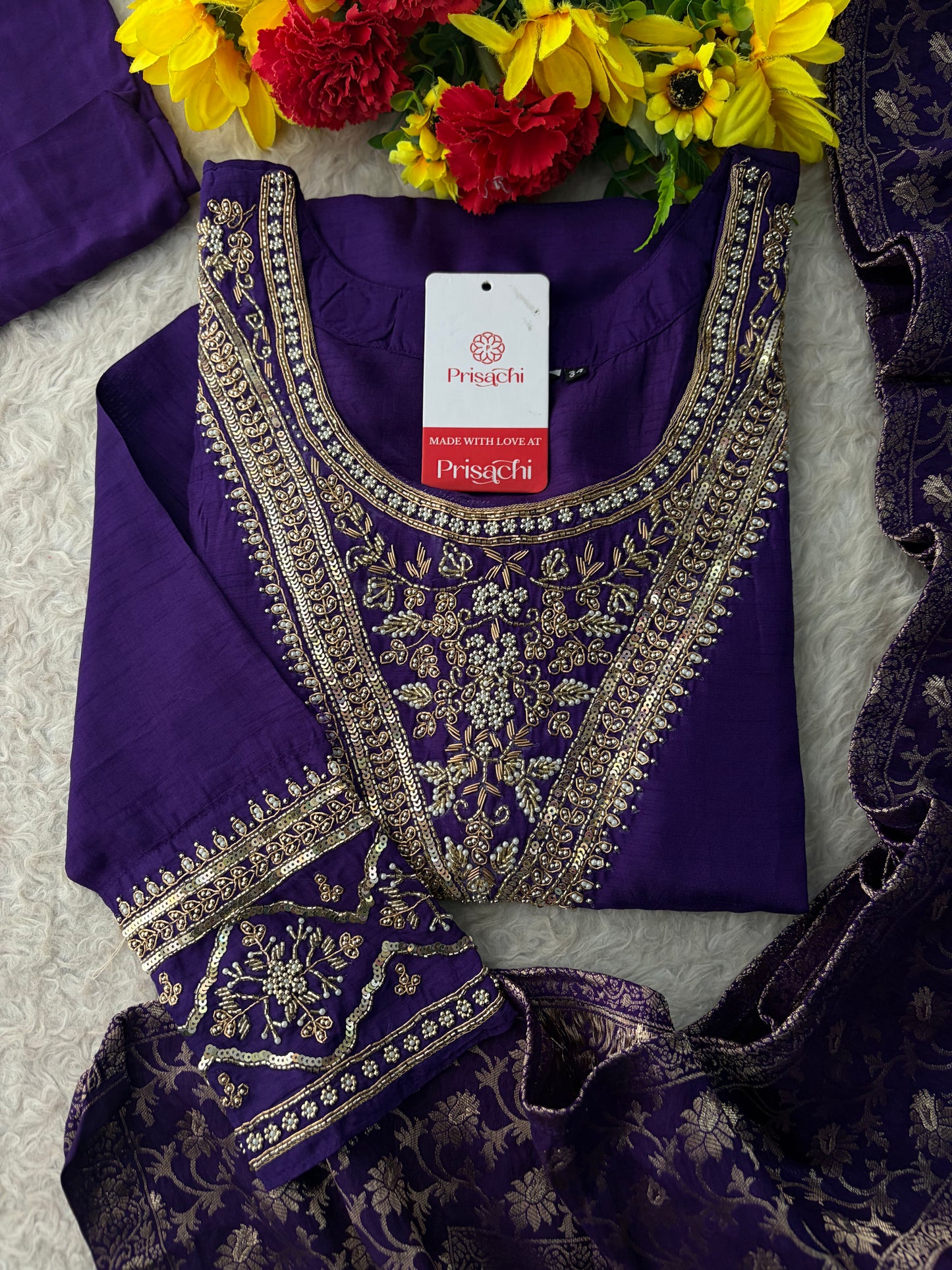 Purple Embroidered Kurta Set With Palazzo Pants & Dupatta For Women| Traditional, Festive & Party Wear