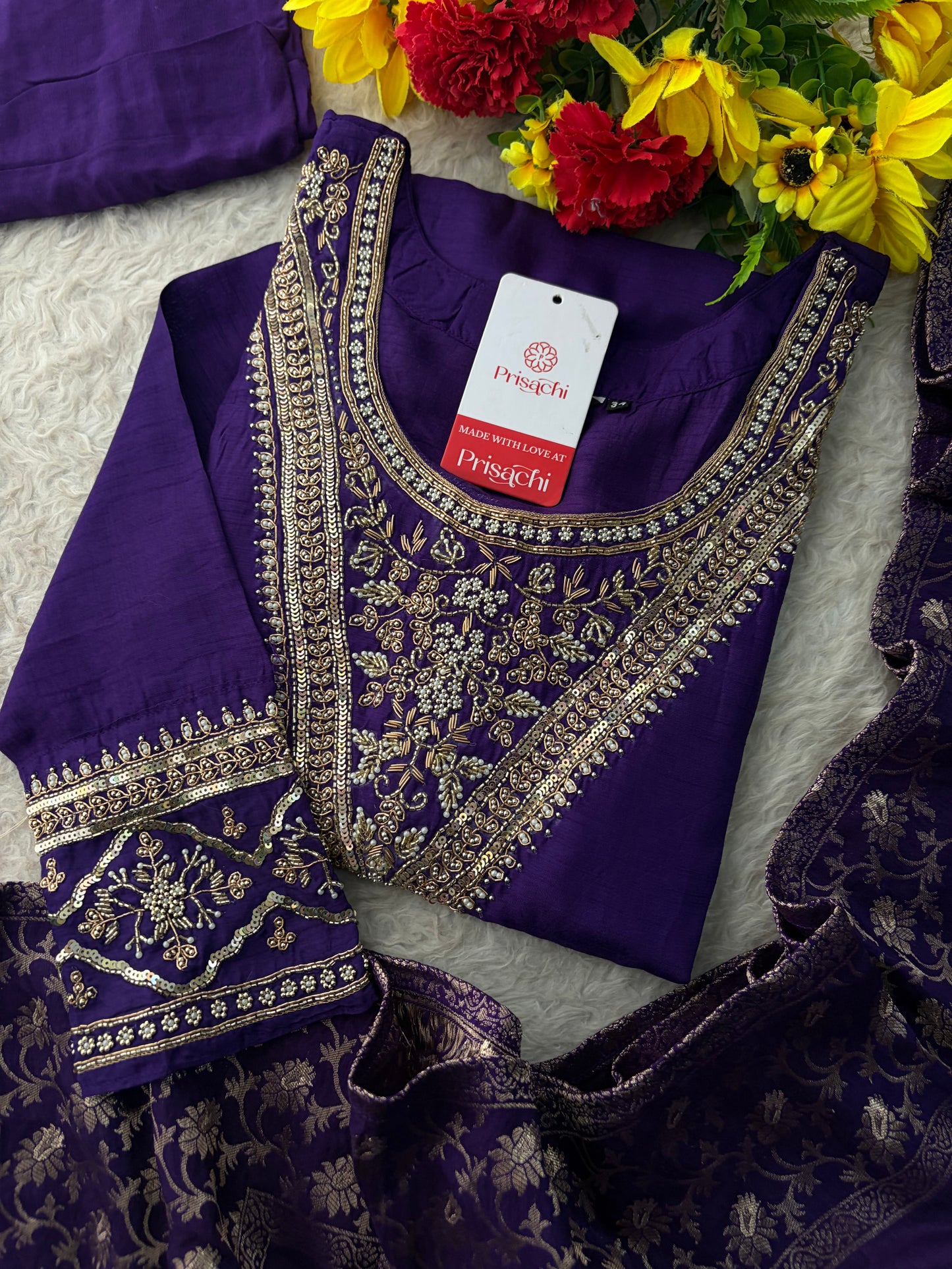 Purple Embroidered Kurta Set With Palazzo Pants & Dupatta For Women| Traditional, Festive & Party Wear