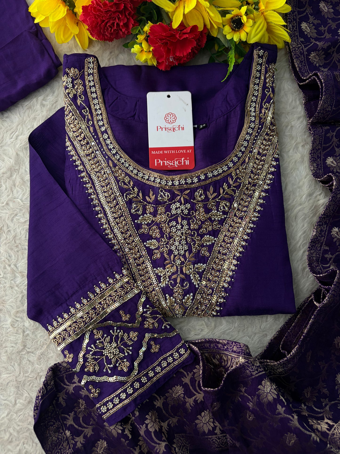 Purple Embroidered Kurta Set With Palazzo Pants & Dupatta For Women| Traditional, Festive & Party Wear