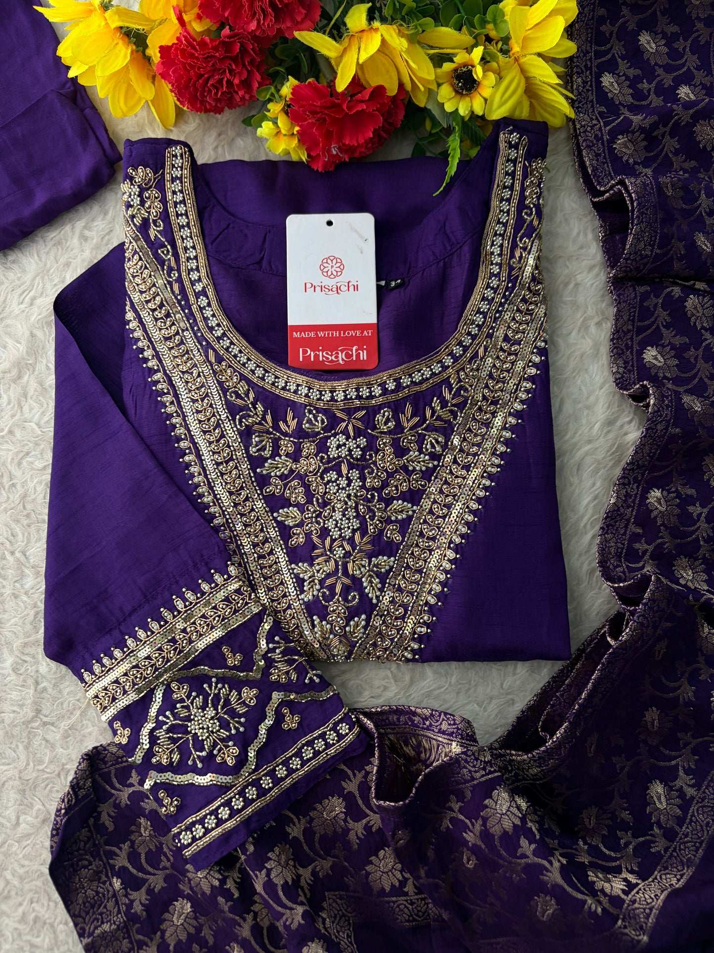 Purple Embroidered Kurta Set With Palazzo Pants & Dupatta For Women| Traditional, Festive & Party Wear