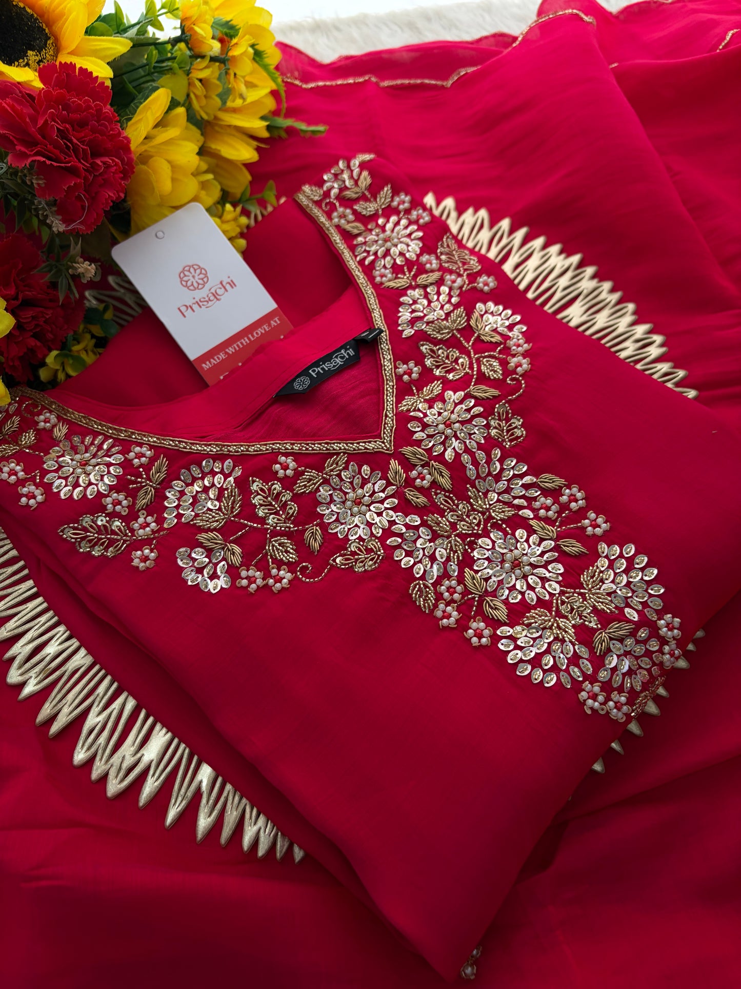 Deep Pink Embroidered Kurta Set for Women with Pants & Dupatta | Ethnic Festive Wear