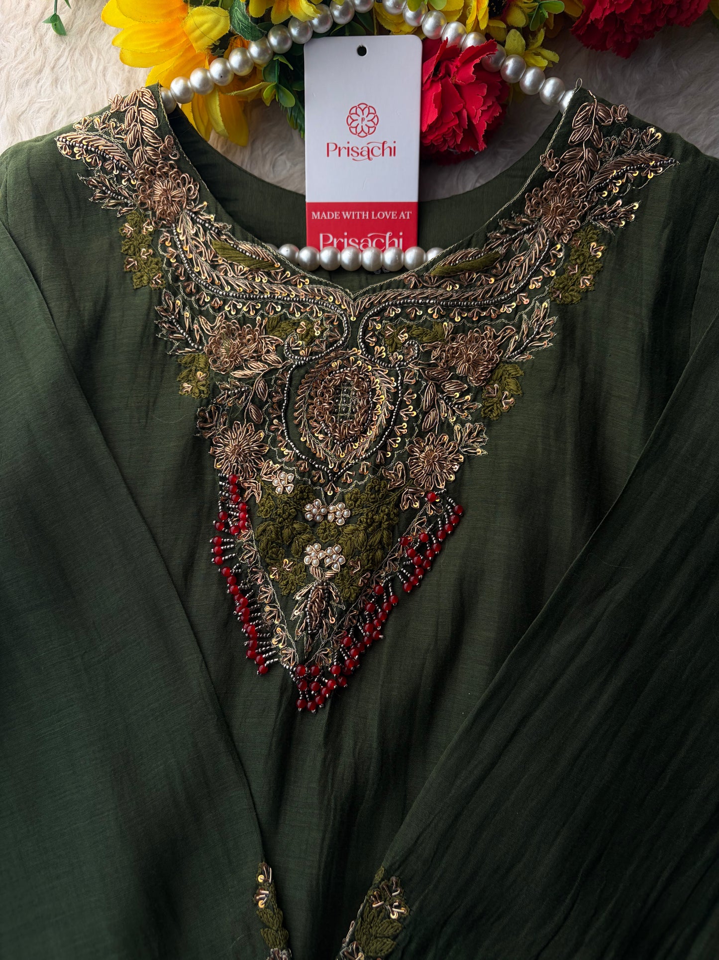 Green Designer Embroidered Ethnic A-Line Kurta Set with Pants & Dupatta
