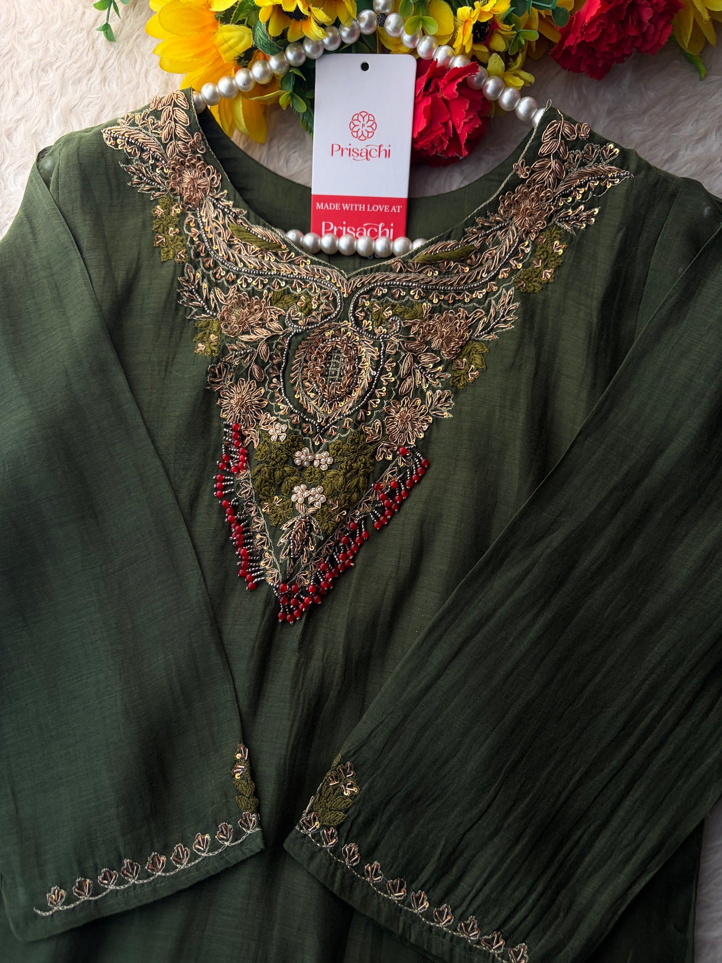 Green Designer Embroidered Ethnic A-Line Kurta Set with Pants & Dupatta