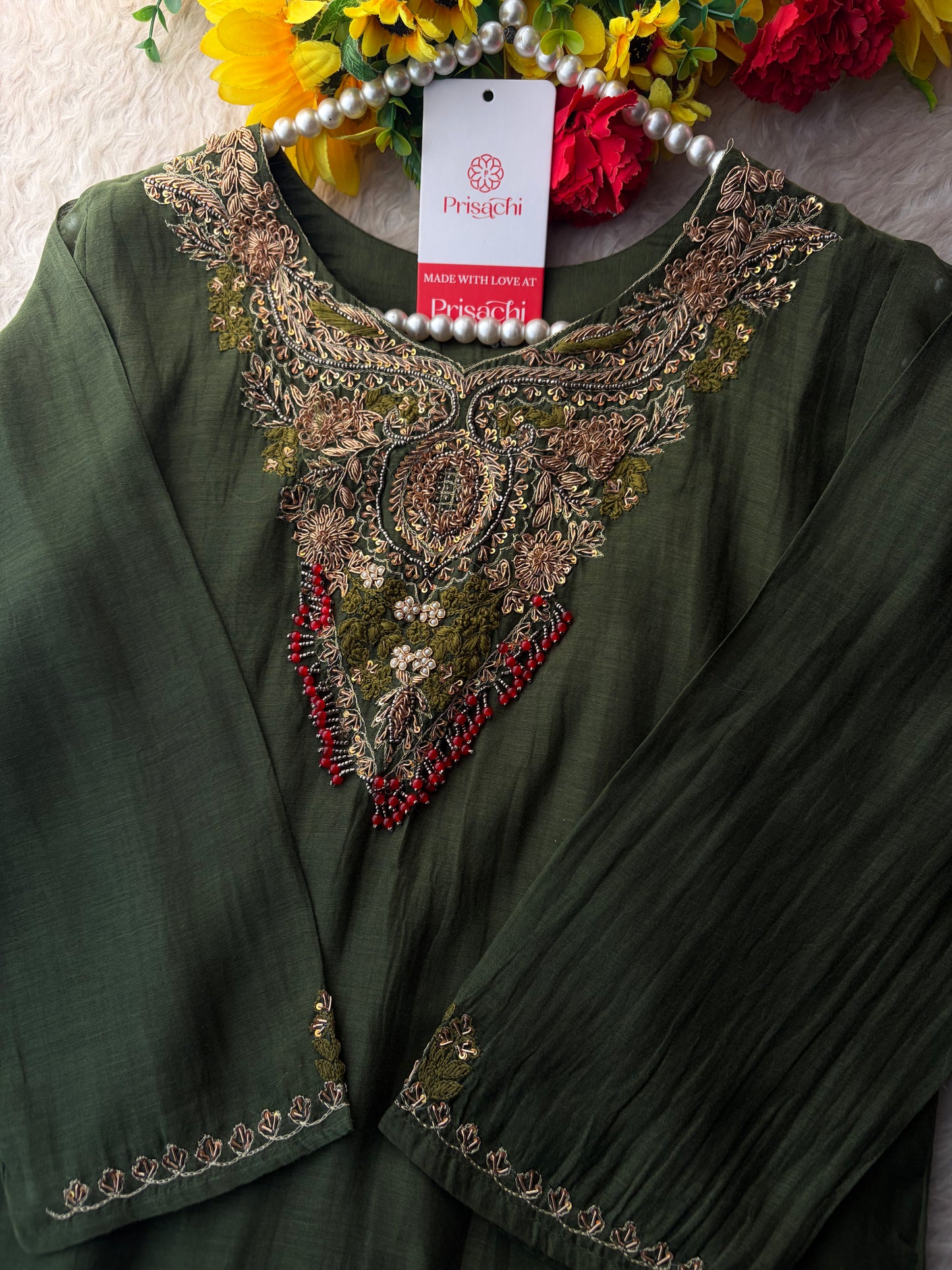 Green Designer Embroidered Ethnic A-Line Kurta Set with Pants & Dupatta