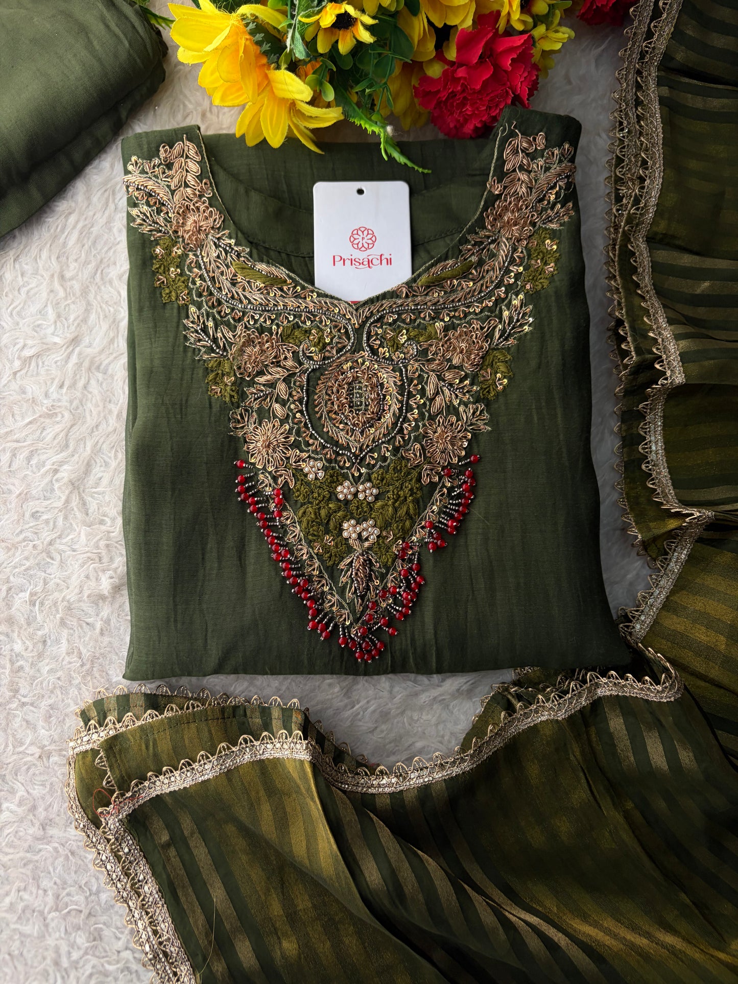 Green Designer Embroidered Ethnic A-Line Kurta Set with Pants & Dupatta