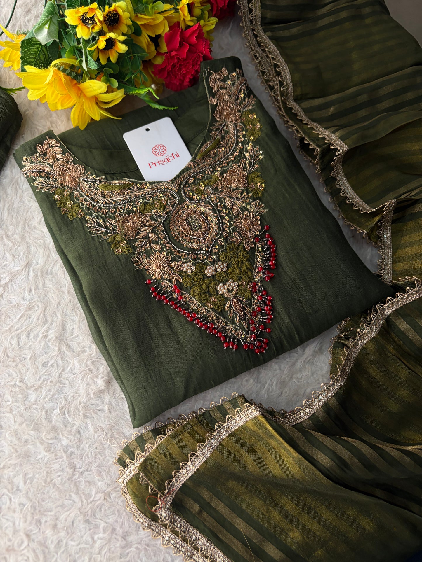 Green Designer Embroidered Ethnic A-Line Kurta Set with Pants & Dupatta