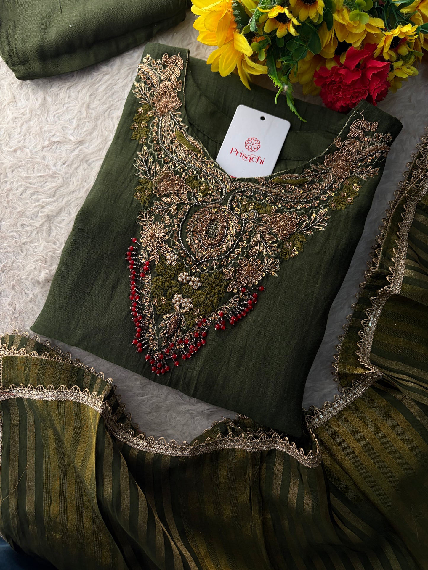 Green Designer Embroidered Ethnic A-Line Kurta Set with Pants & Dupatta