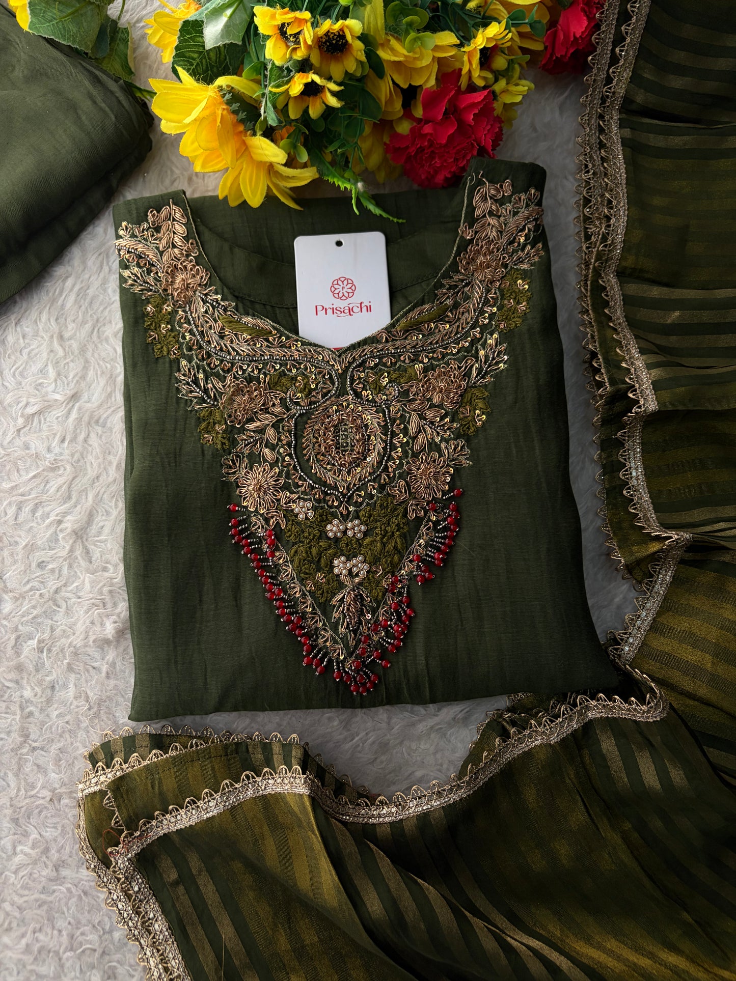 Green Designer Embroidered Ethnic A-Line Kurta Set with Pants & Dupatta