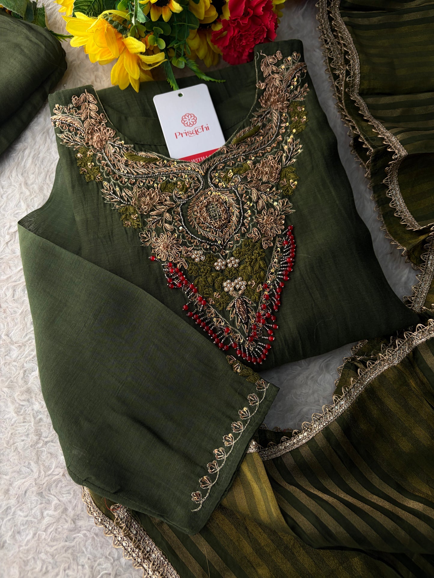 Green Designer Embroidered Ethnic A-Line Kurta Set with Pants & Dupatta