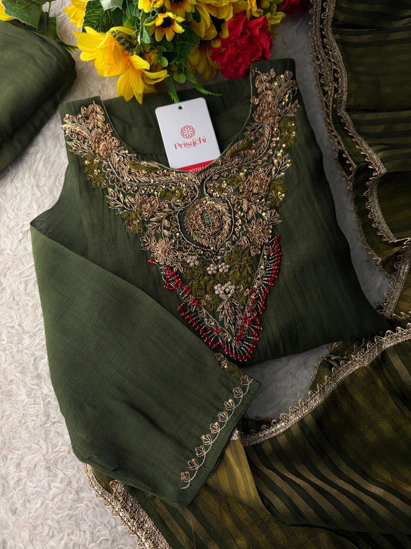 Green Designer Embroidered Ethnic A-Line Kurta Set with Pants & Dupatta
