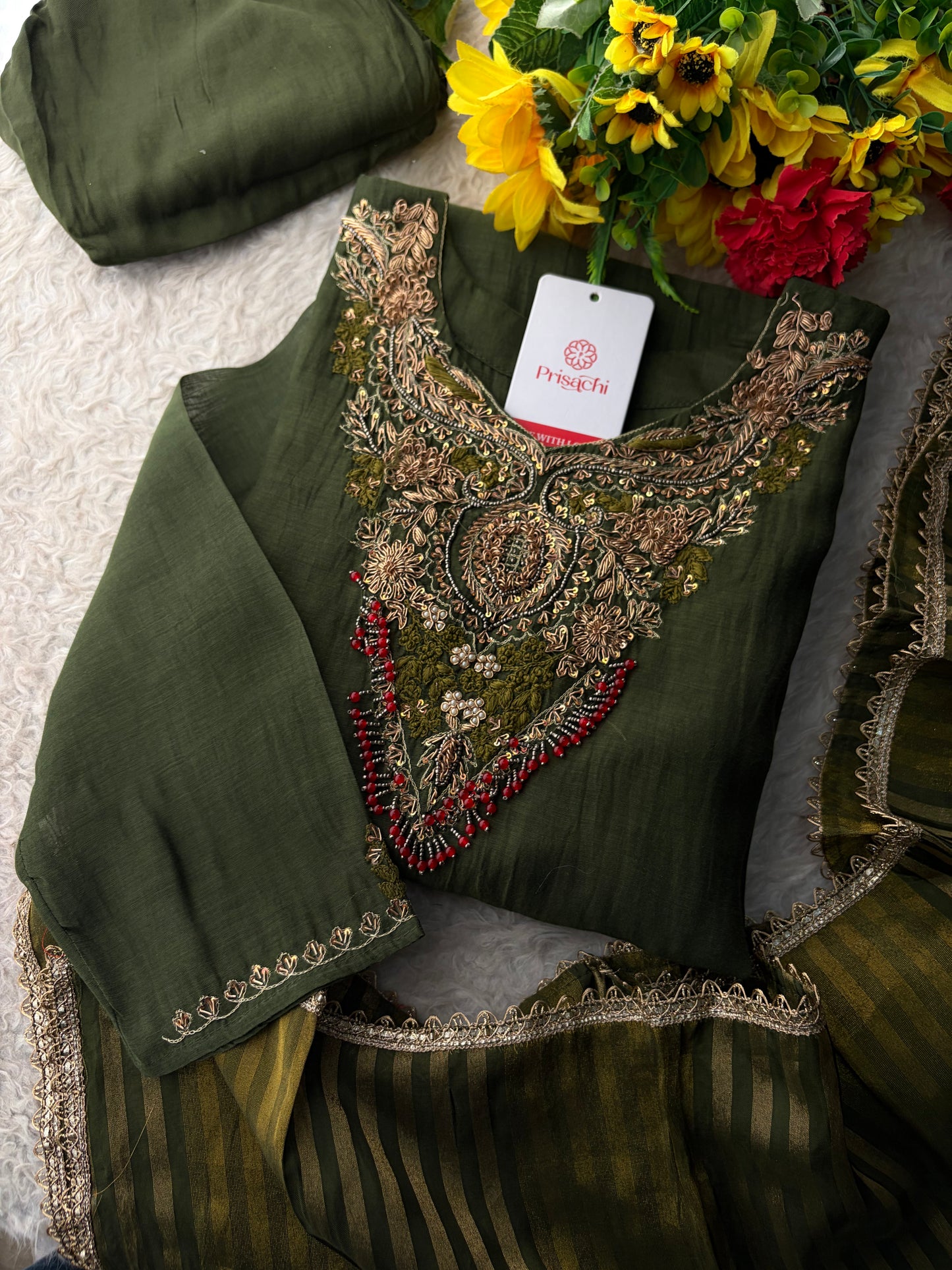 Green Designer Embroidered Ethnic A-Line Kurta Set with Pants & Dupatta