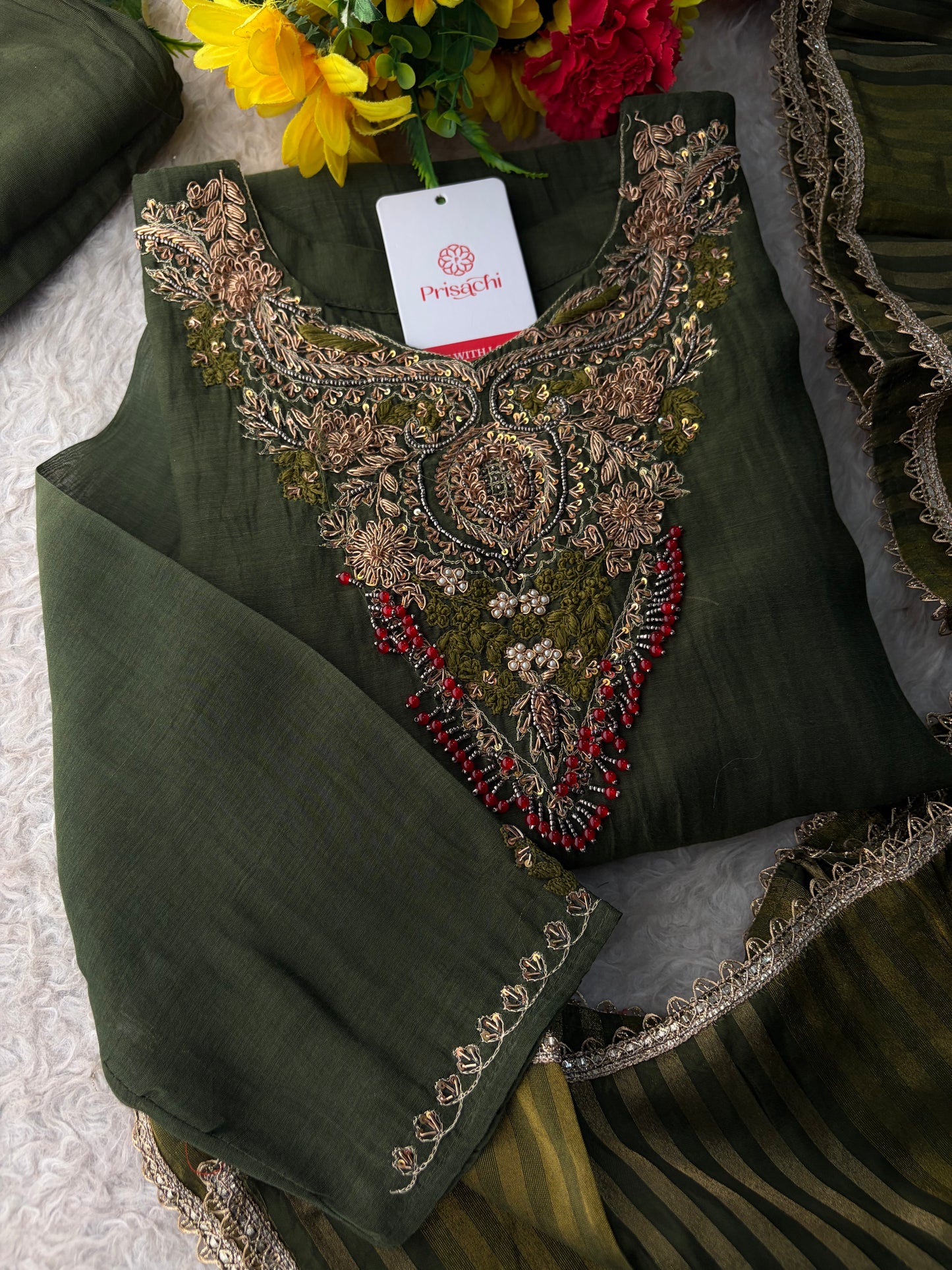 Green Designer Embroidered Ethnic A-Line Kurta Set with Pants & Dupatta