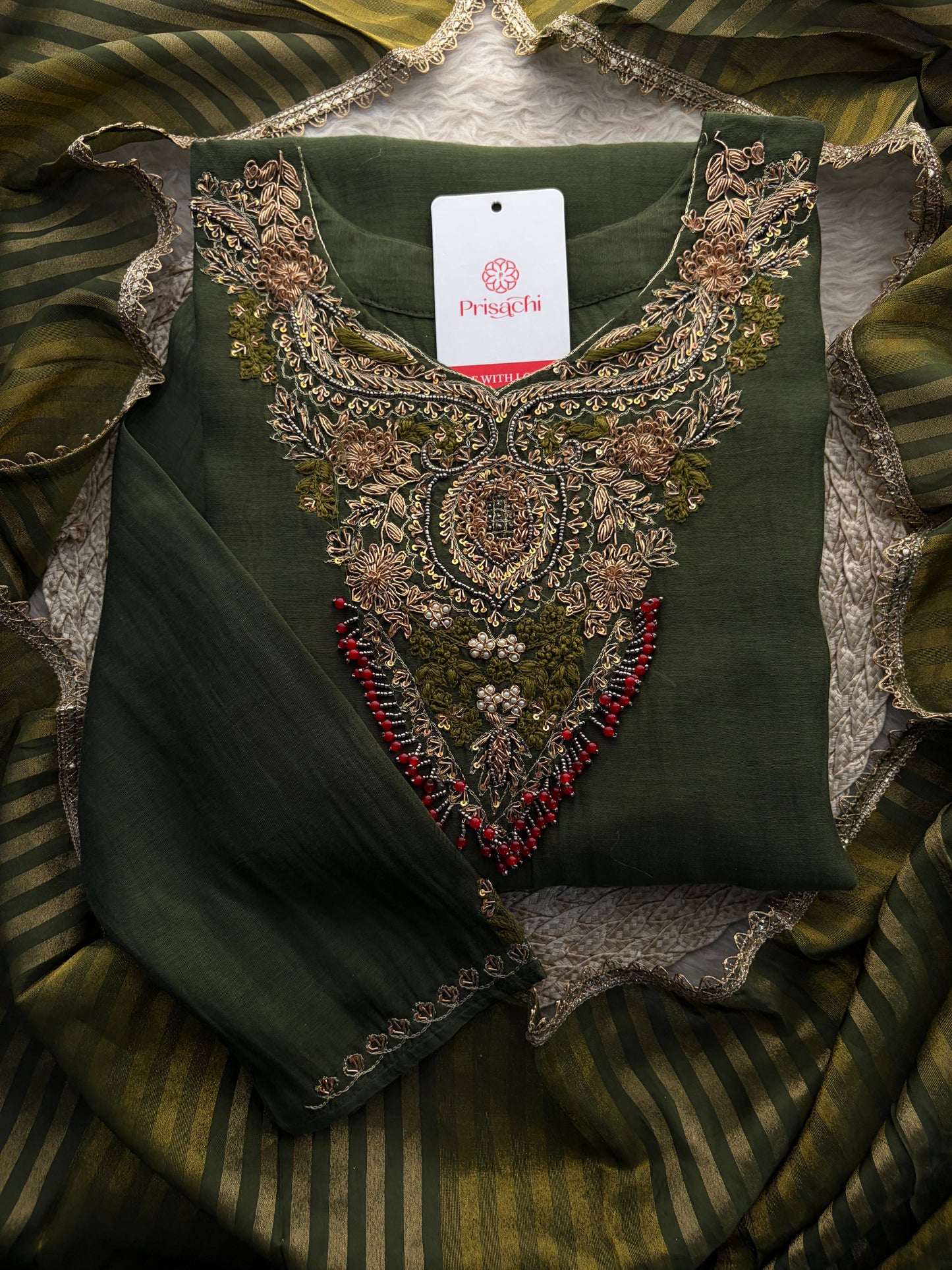 Green Designer Embroidered Ethnic A-Line Kurta Set with Pants & Dupatta