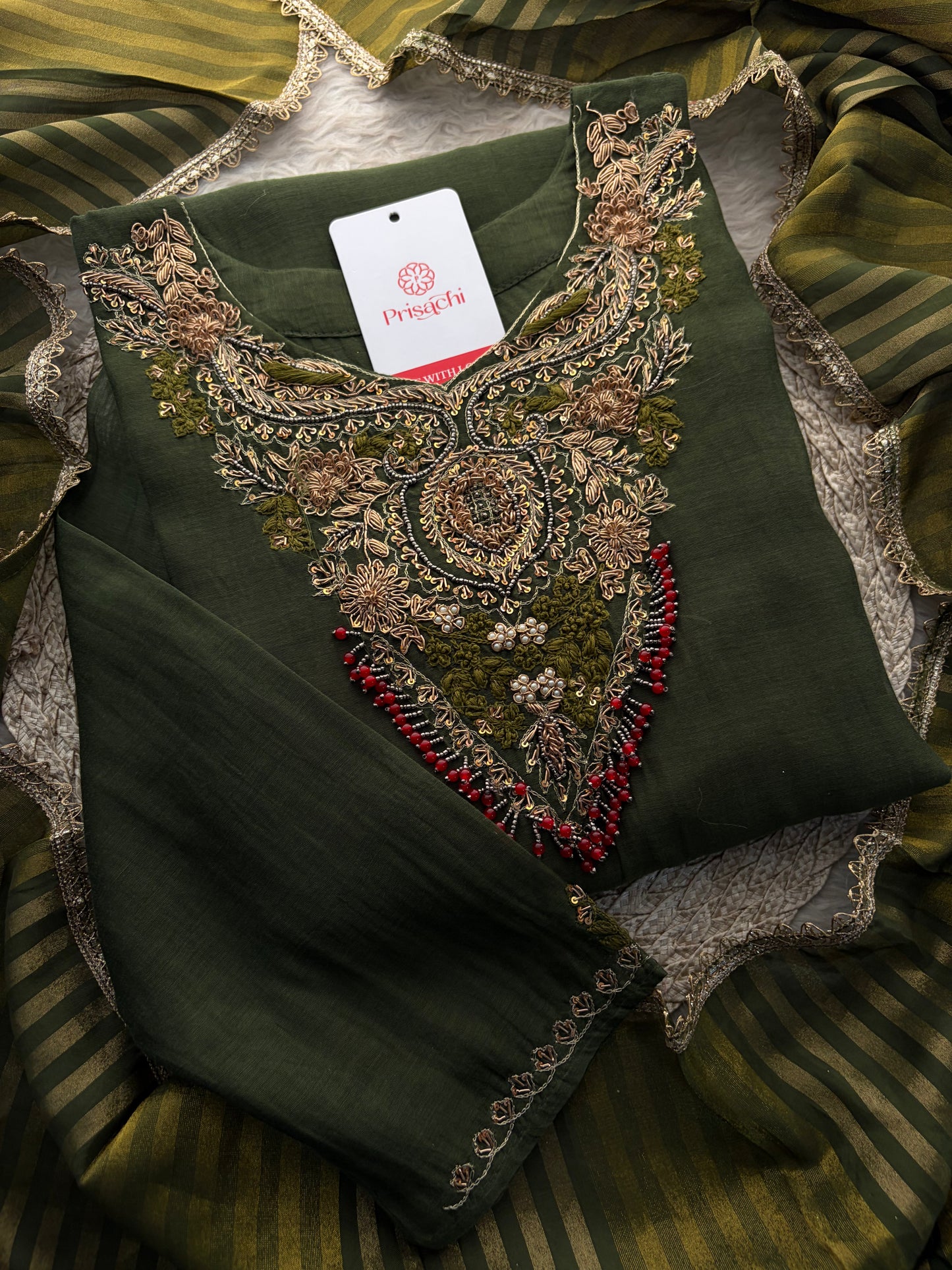 Green Designer Embroidered Ethnic A-Line Kurta Set with Pants & Dupatta