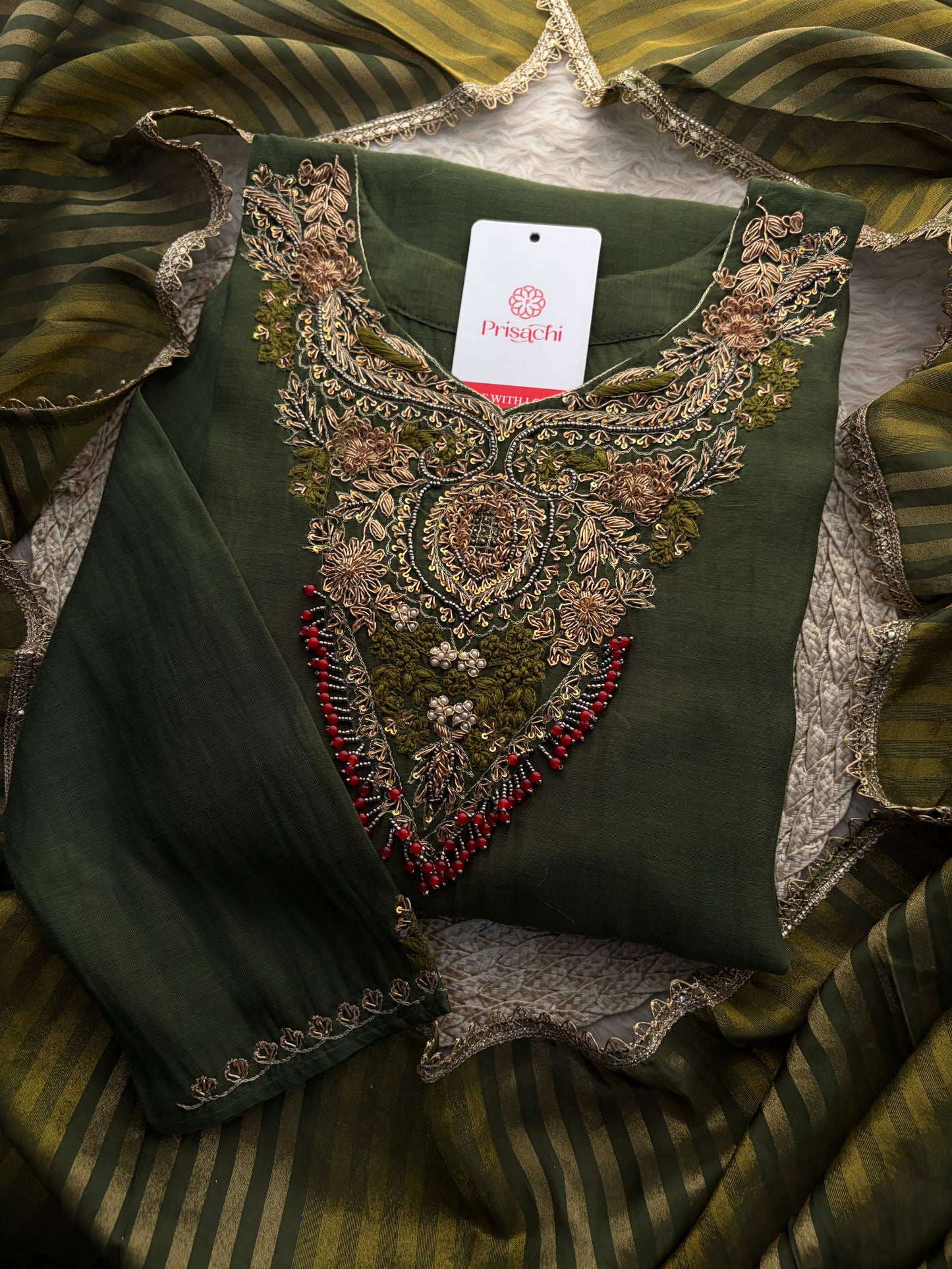 Green Designer Embroidered Ethnic A-Line Kurta Set with Pants & Dupatta