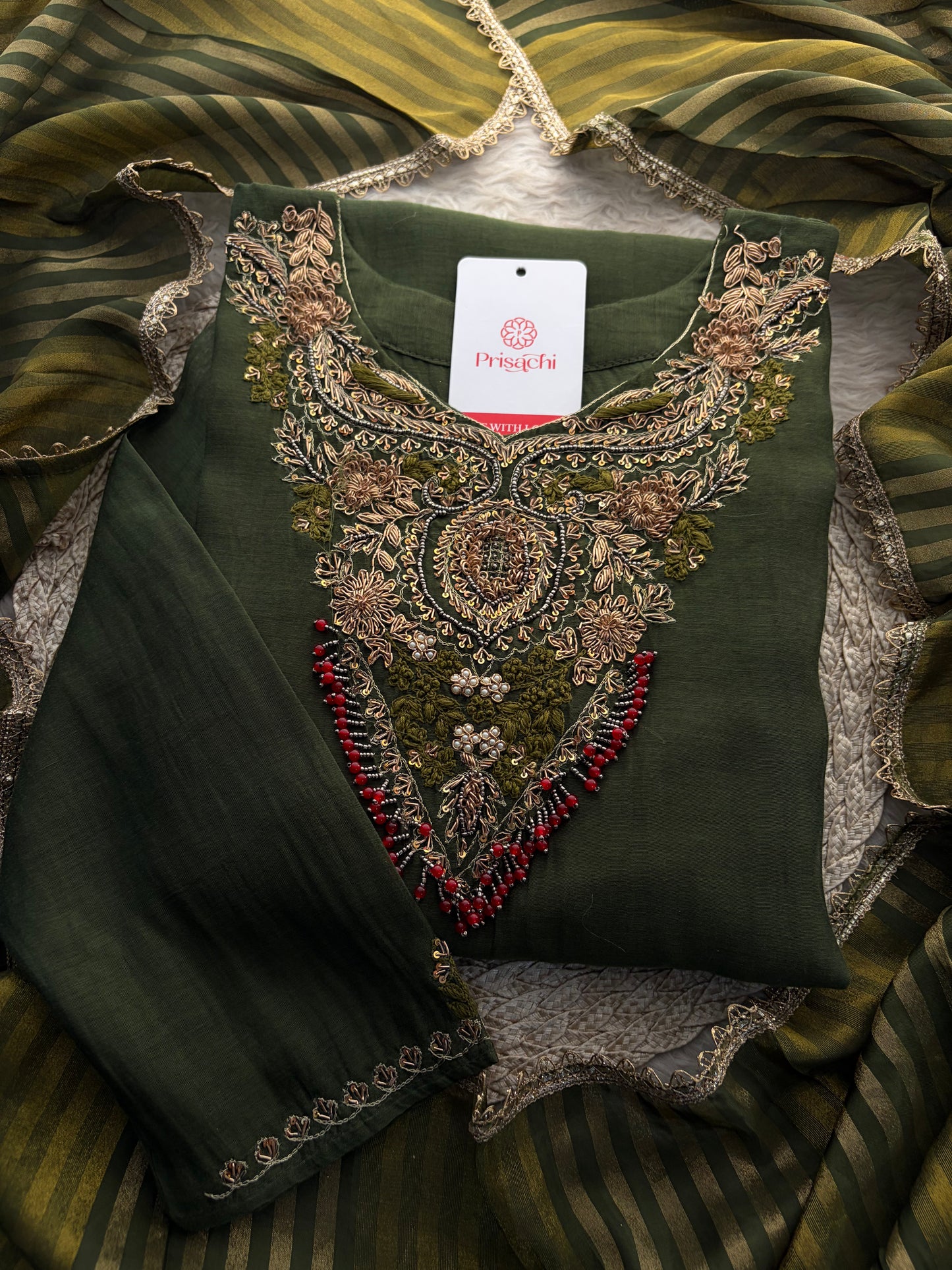 Green Designer Embroidered Ethnic A-Line Kurta Set with Pants & Dupatta