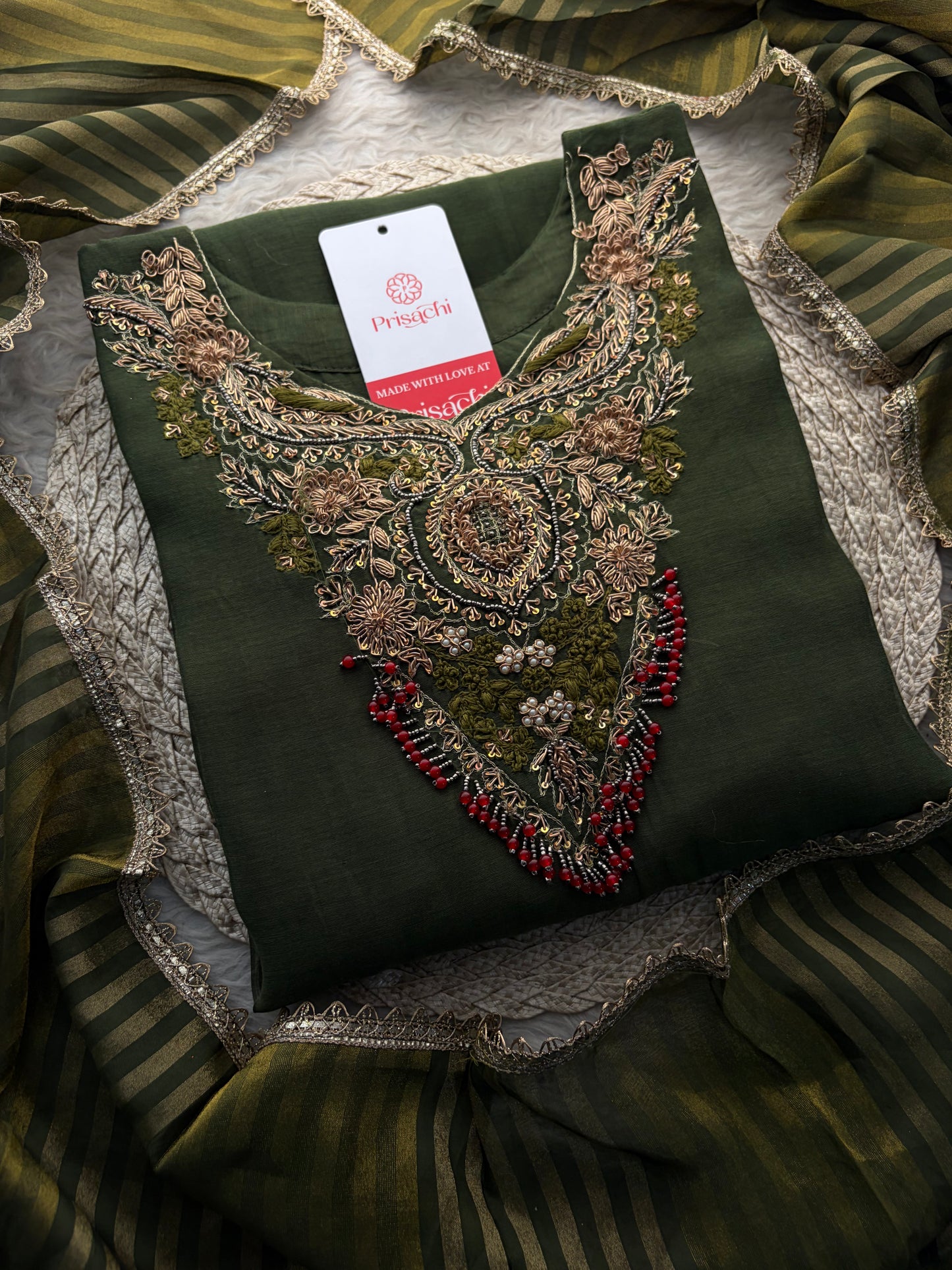 Green Designer Embroidered Ethnic A-Line Kurta Set with Pants & Dupatta