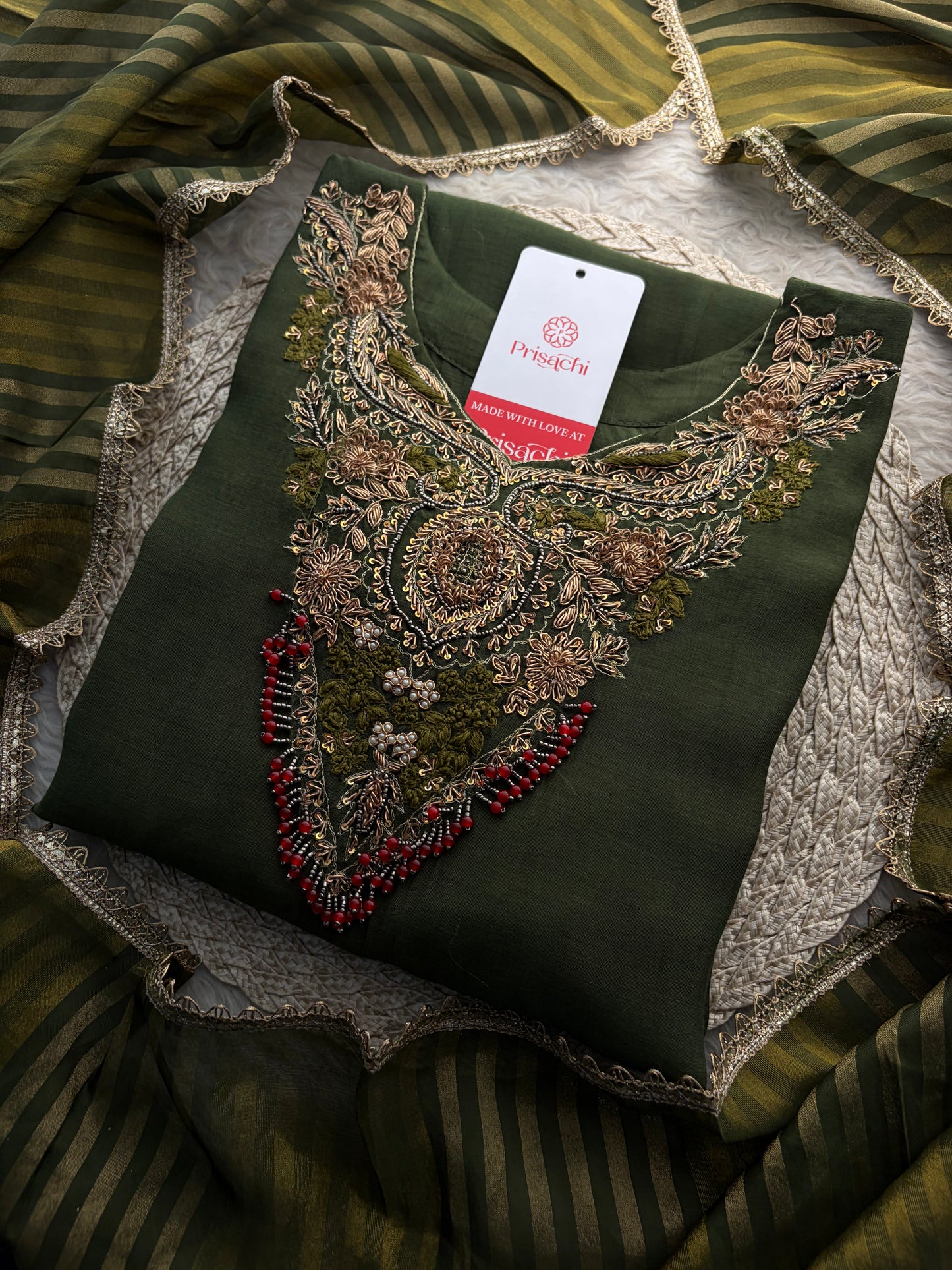 Green Designer Embroidered Ethnic A-Line Kurta Set with Pants & Dupatta