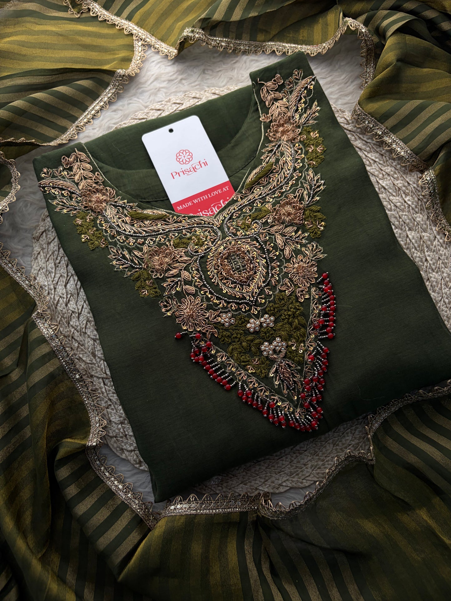 Green Designer Embroidered Ethnic A-Line Kurta Set with Pants & Dupatta