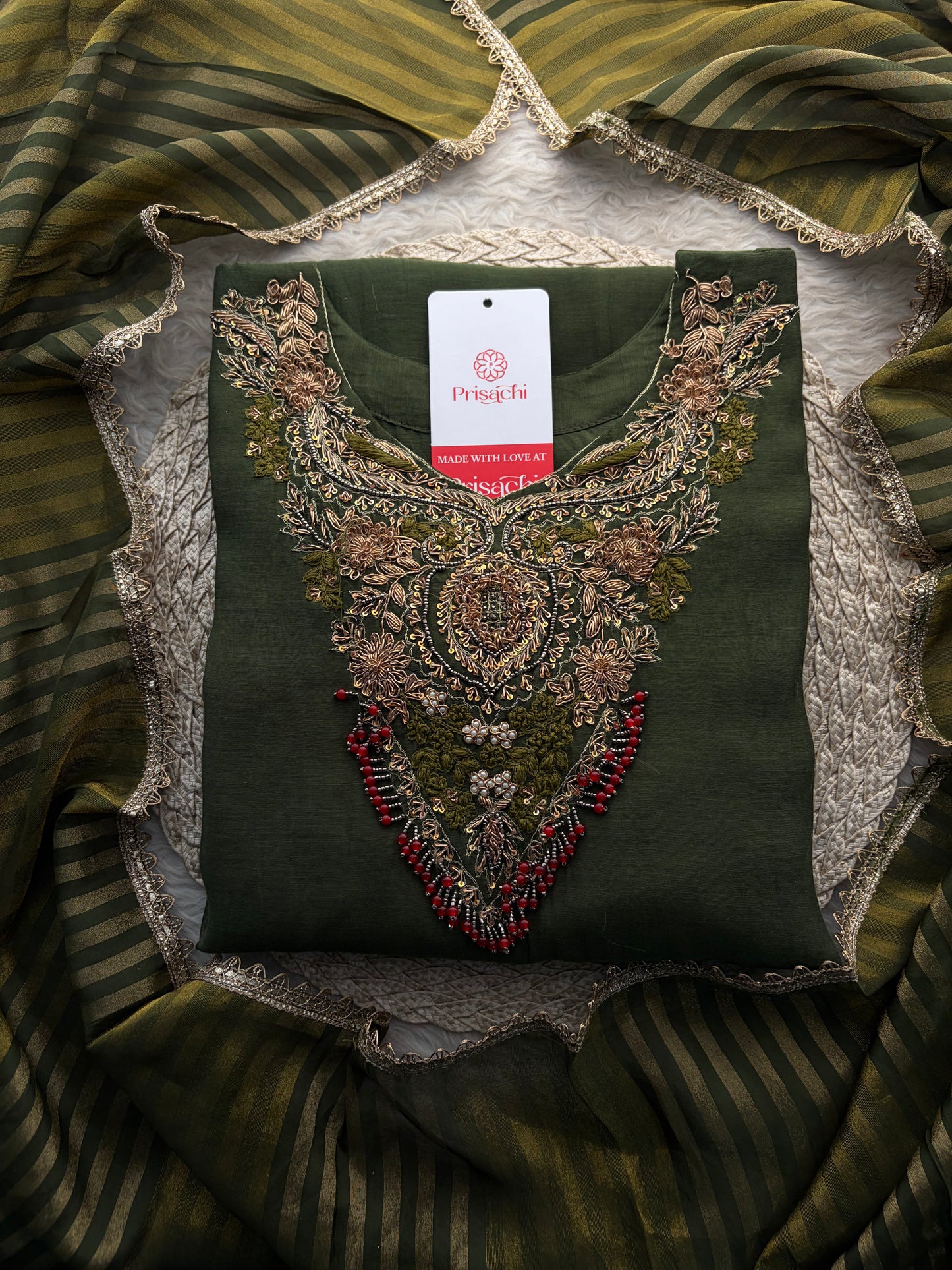Green Designer Embroidered Ethnic A-Line Kurta Set with Pants & Dupatta