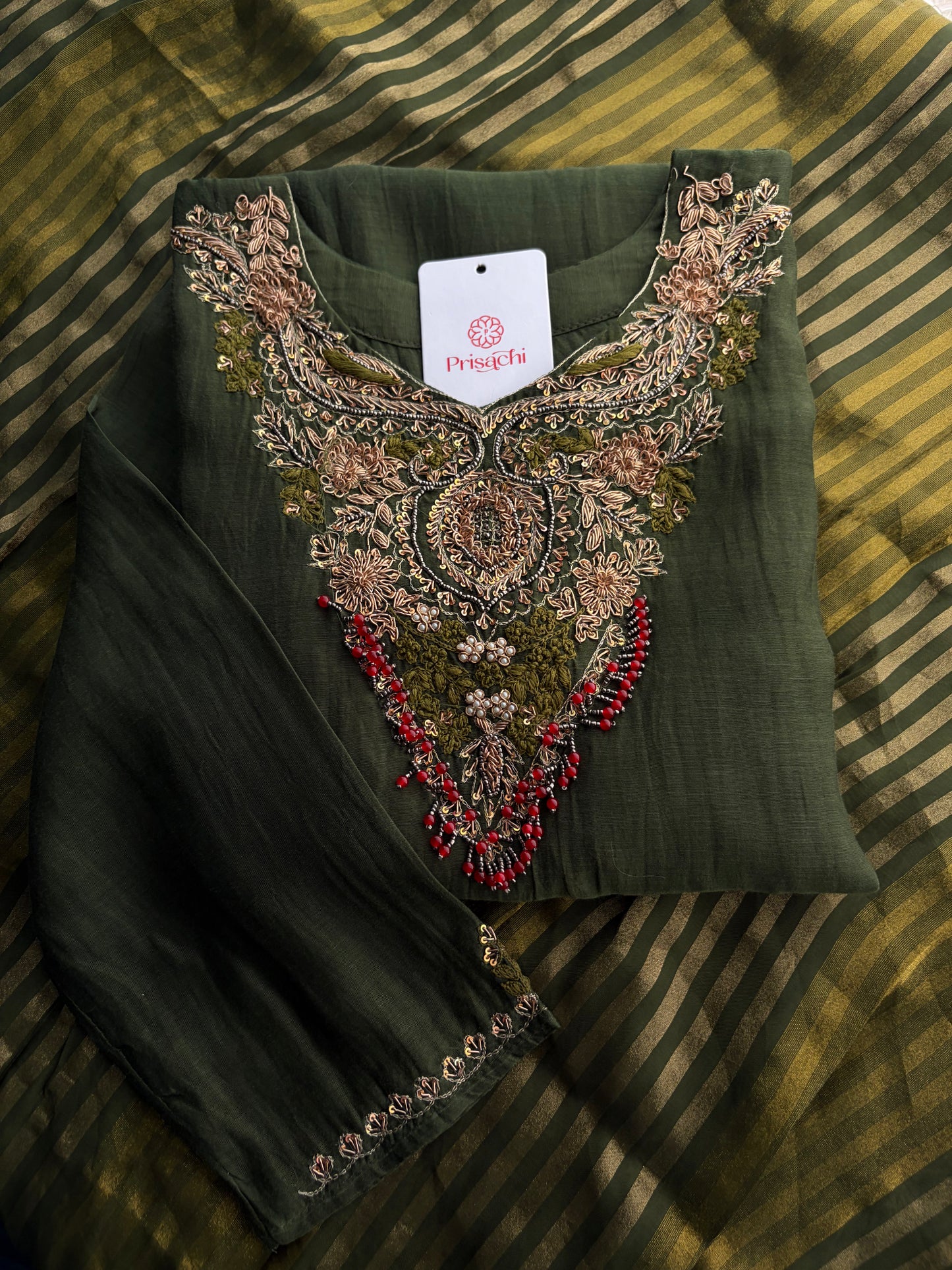 Green Designer Embroidered Ethnic A-Line Kurta Set with Pants & Dupatta