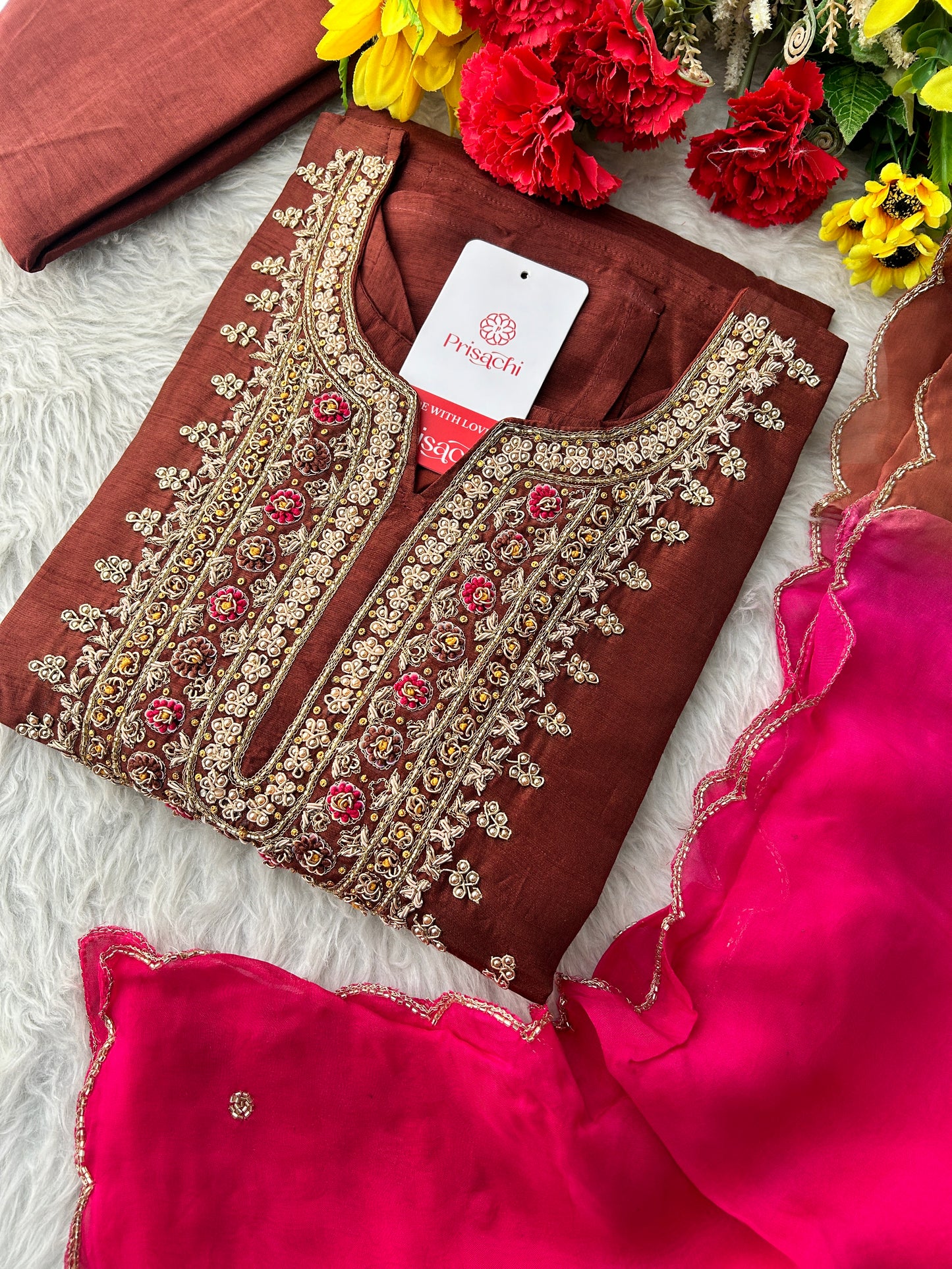 Brown Designer Zardozi Embroidered Ethnic Kurta Set with Pants & Dupatta