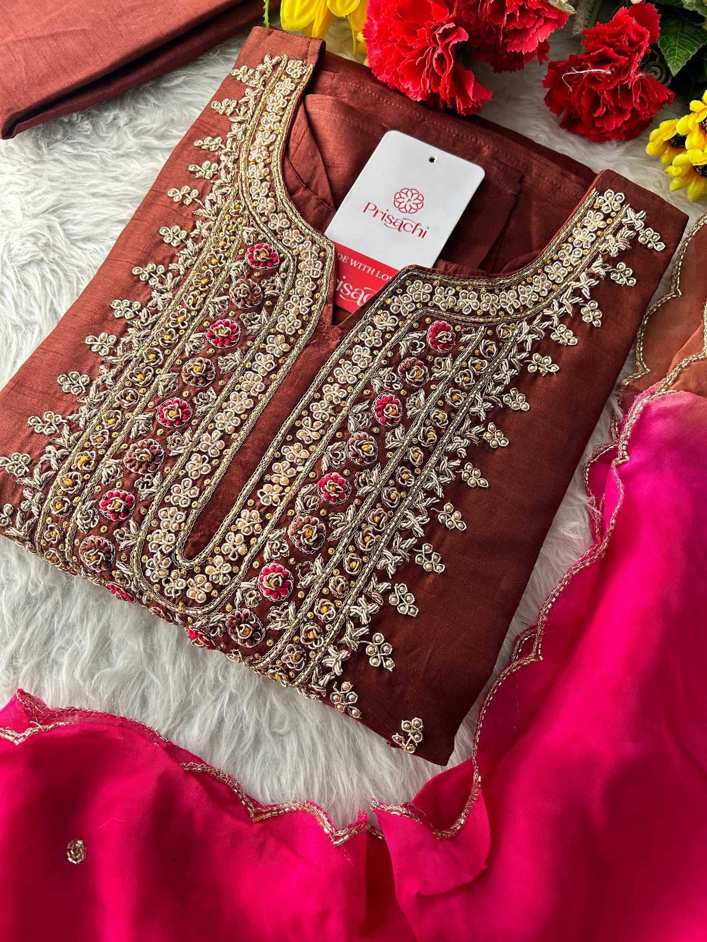 Brown Designer Zardozi Embroidered Ethnic Kurta Set with Pants & Dupatta