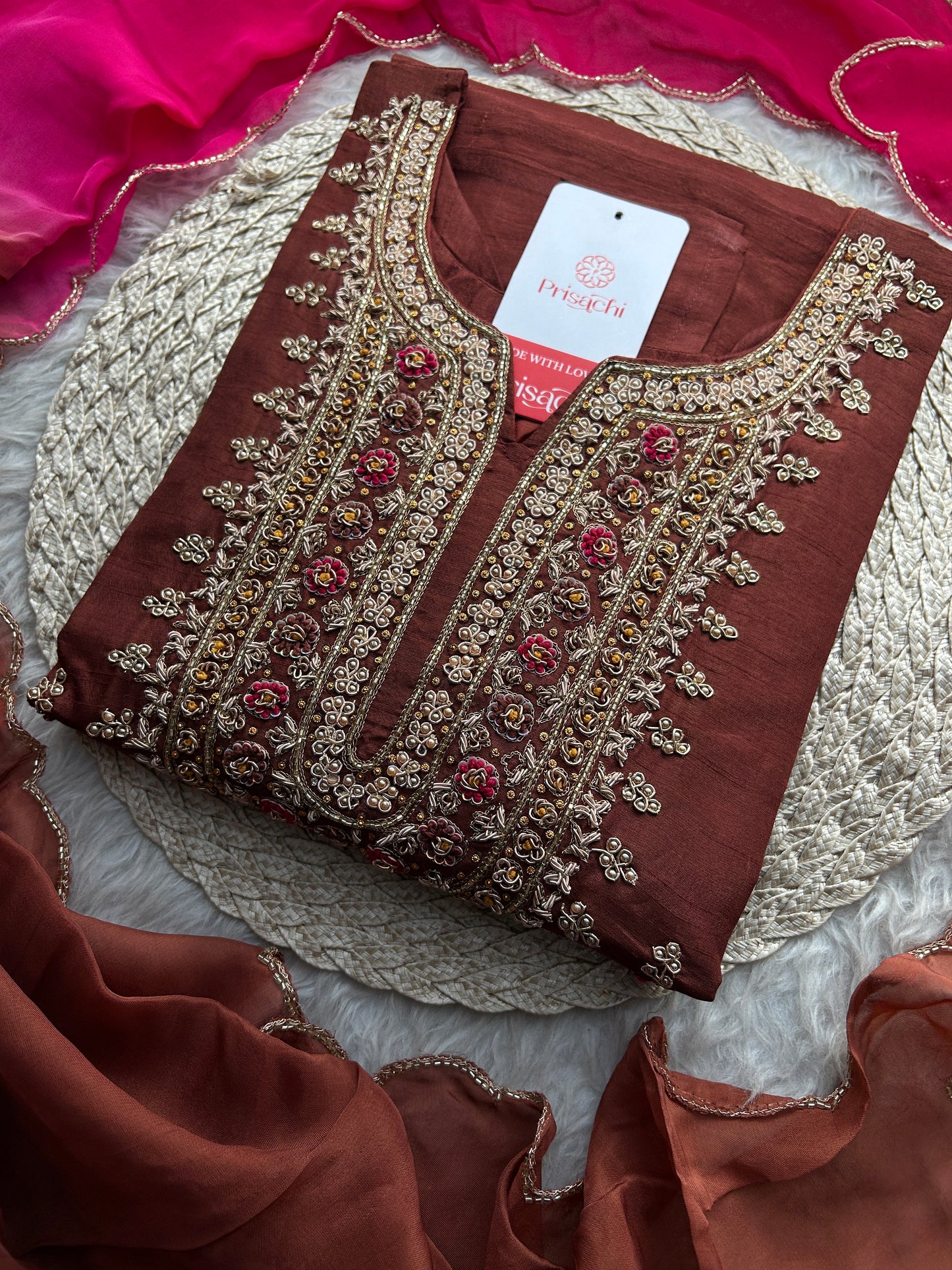 Brown Designer Zardozi Embroidered Ethnic Kurta Set with Pants & Dupatta