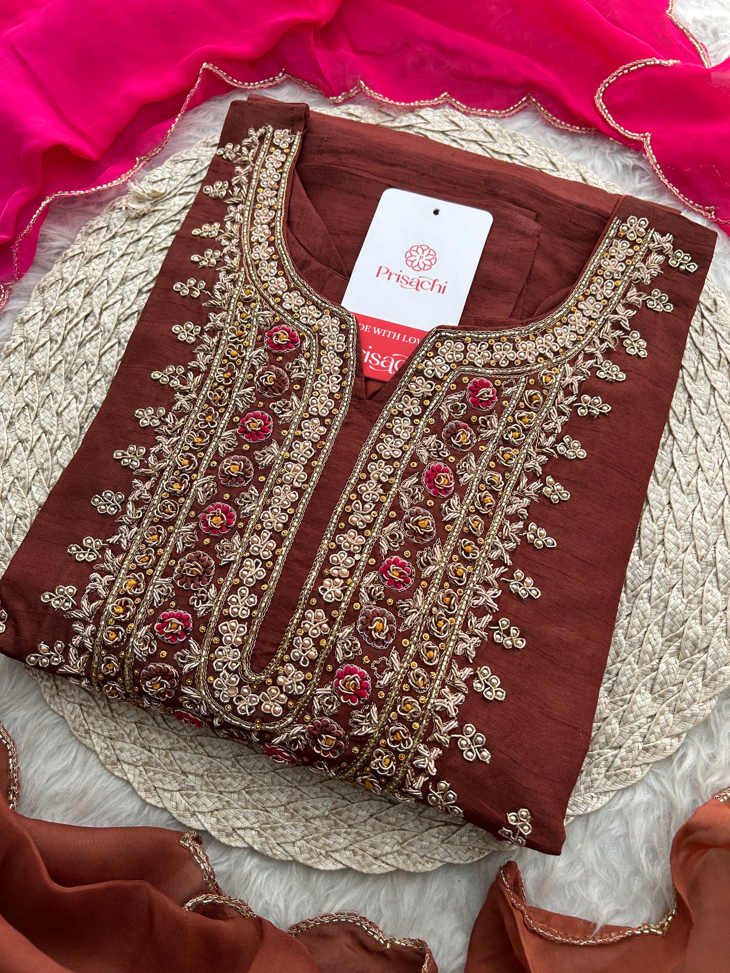 Brown Designer Zardozi Embroidered Ethnic Kurta Set with Pants & Dupatta