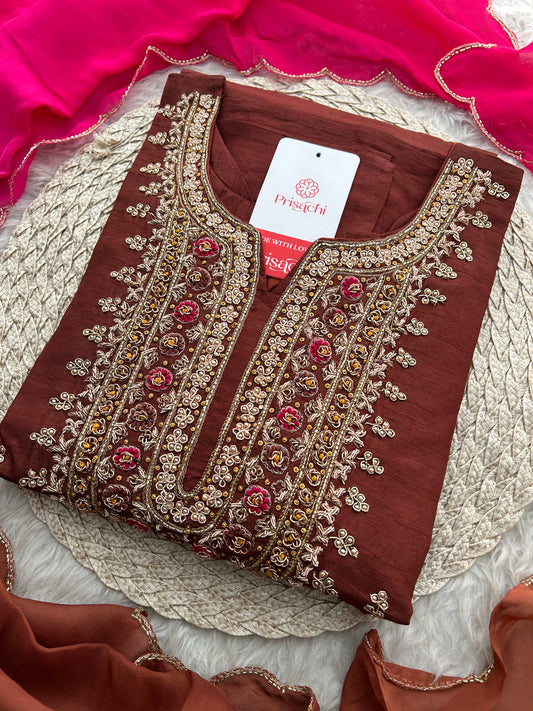 Brown Designer Zardozi Embroidered Ethnic Kurta Set with Pants & Dupatta