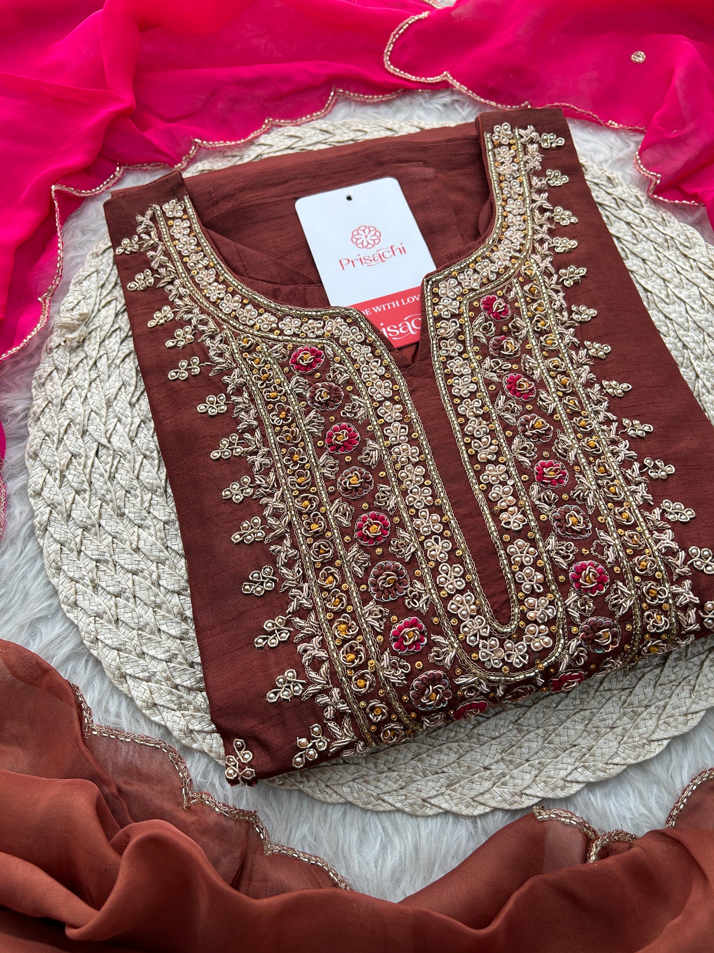 Brown Designer Zardozi Embroidered Ethnic Kurta Set with Pants & Dupatta