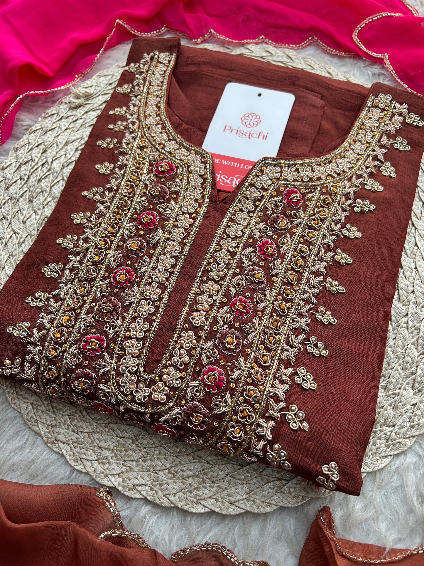 Brown Designer Zardozi Embroidered Ethnic Kurta Set with Pants & Dupatta