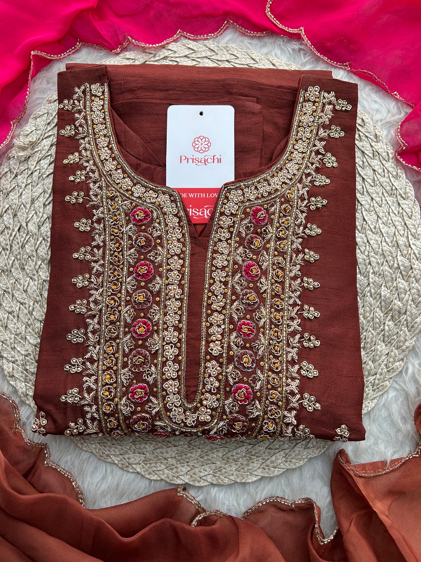 Brown Designer Zardozi Embroidered Ethnic Kurta Set with Pants & Dupatta