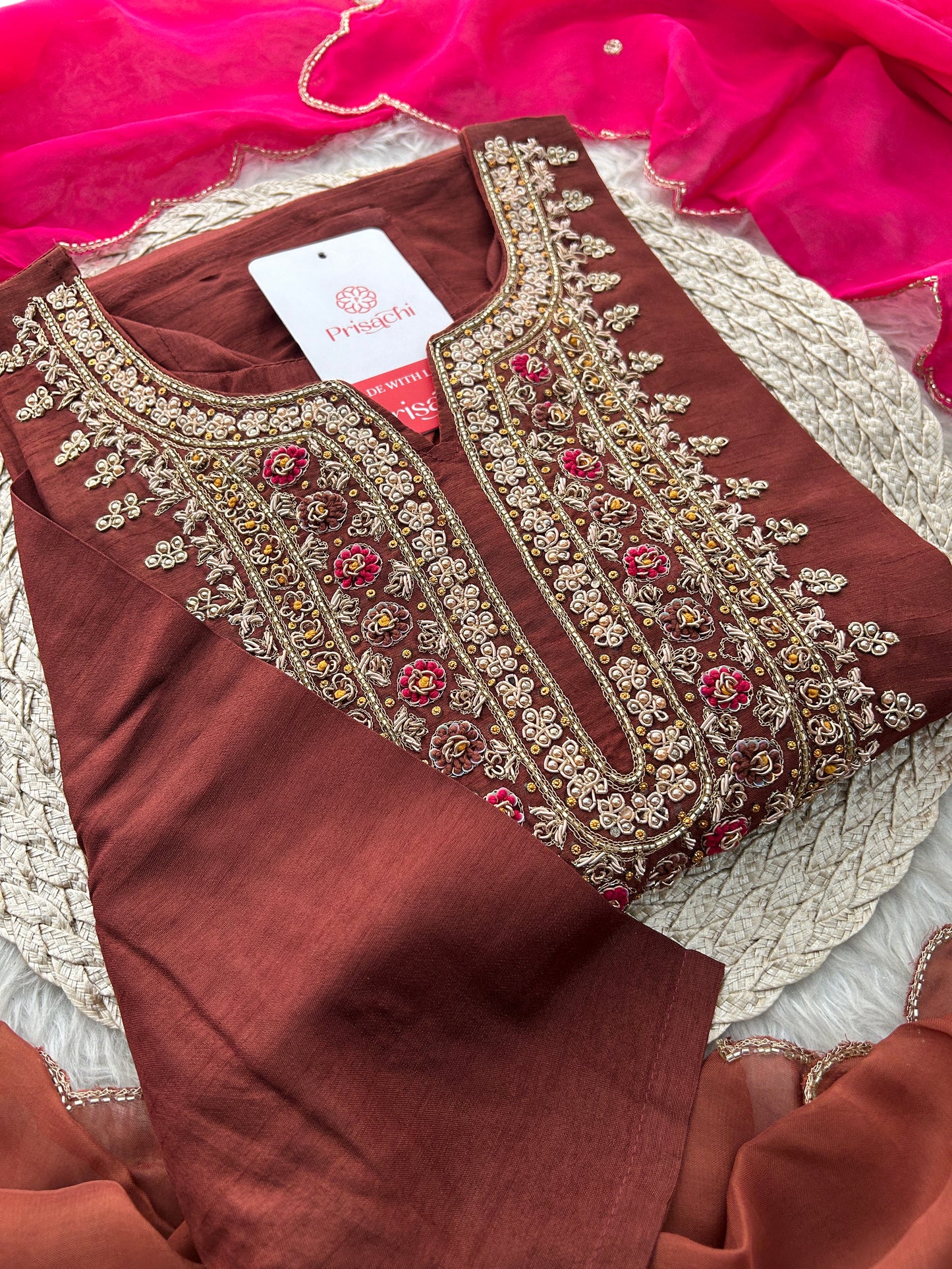 Brown Designer Zardozi Embroidered Ethnic Kurta Set with Pants & Dupatta