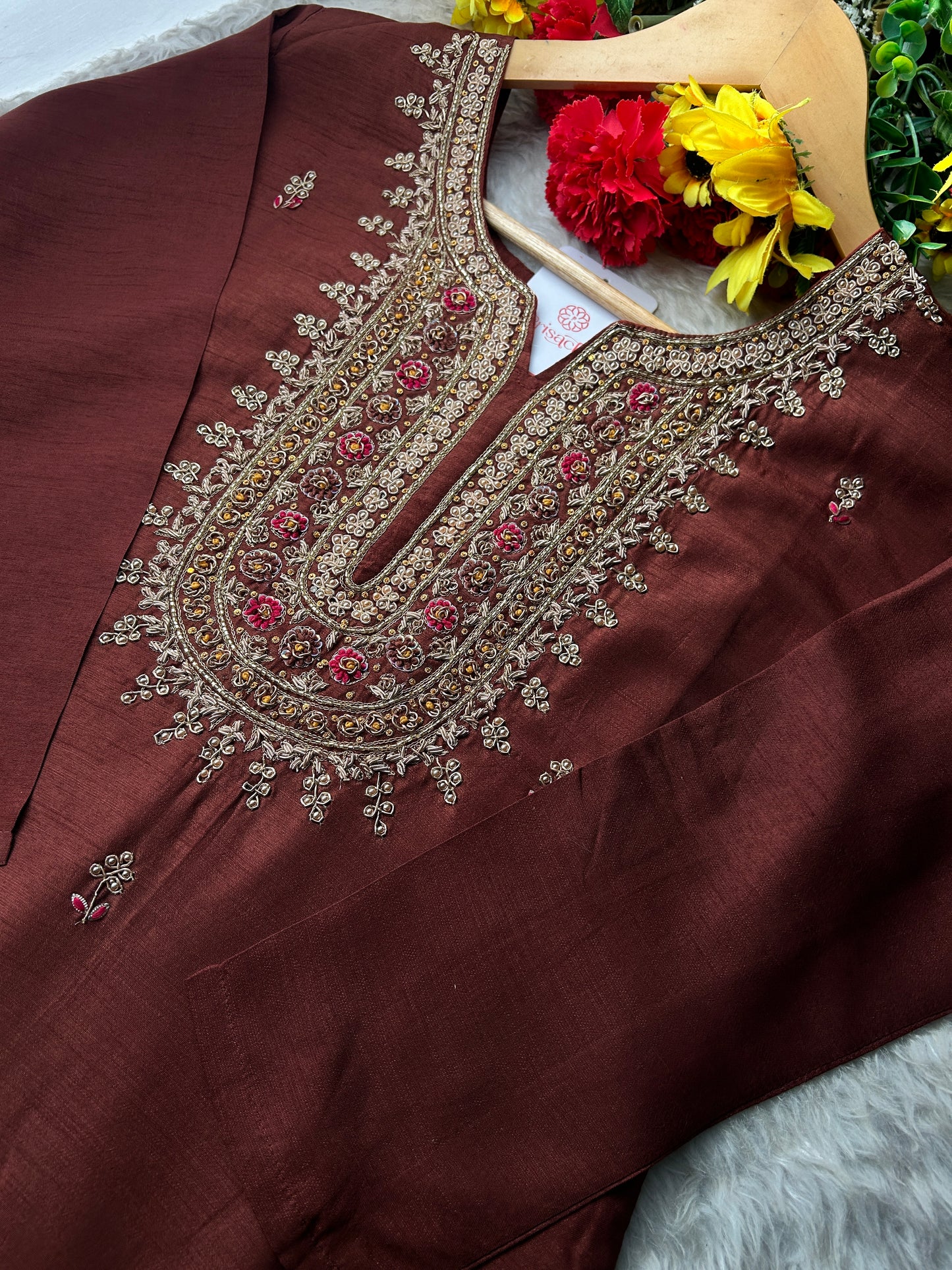 Brown Designer Zardozi Embroidered Ethnic Kurta Set with Pants & Dupatta