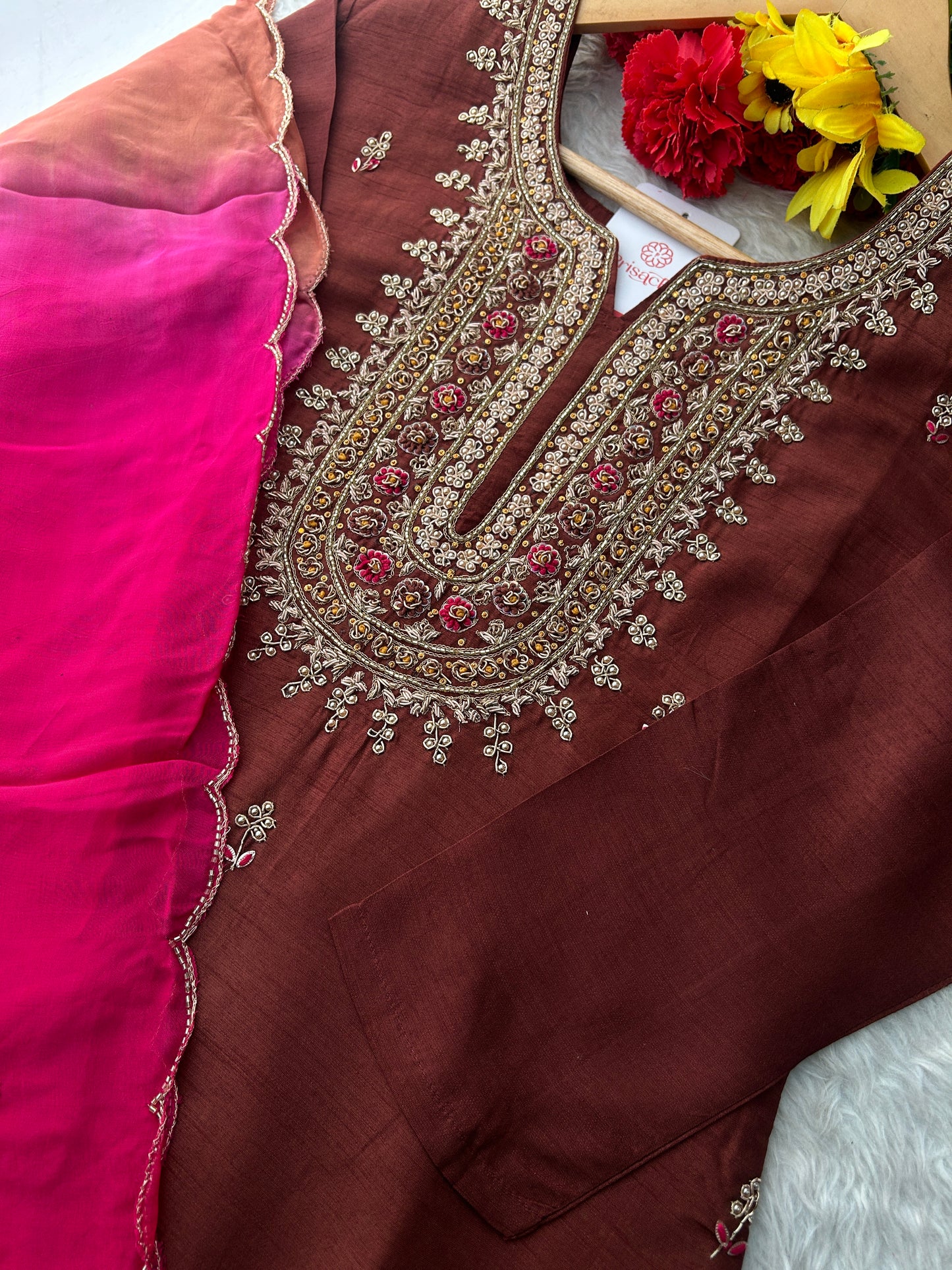 Brown Designer Zardozi Embroidered Ethnic Kurta Set with Pants & Dupatta