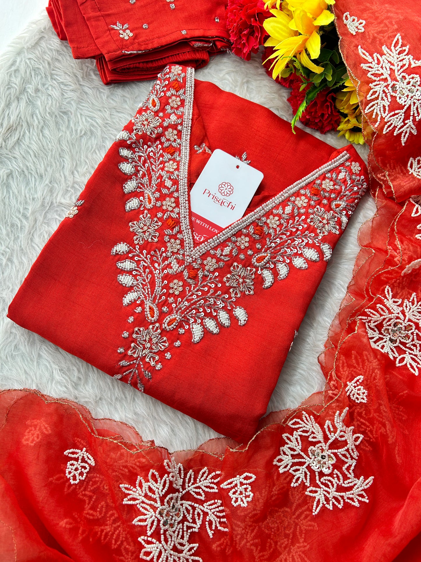 Orange Designer Zardozi Embroidered Ethnic Kurta Set with Pants & Dupatta for Women