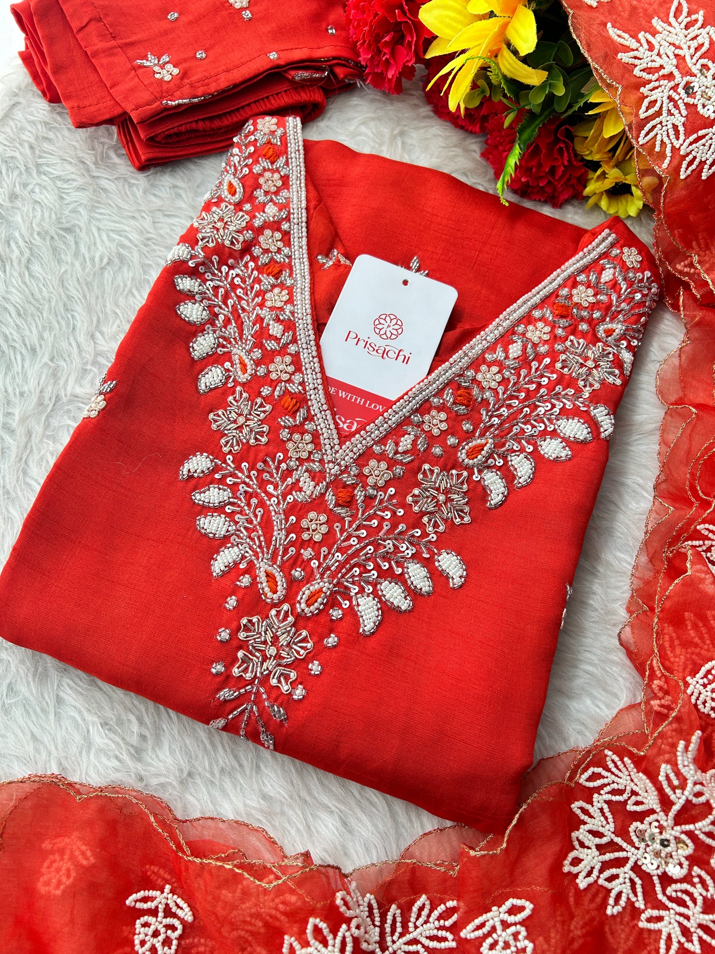 Orange Designer Zardozi Embroidered Ethnic Kurta Set with Pants & Dupatta for Women